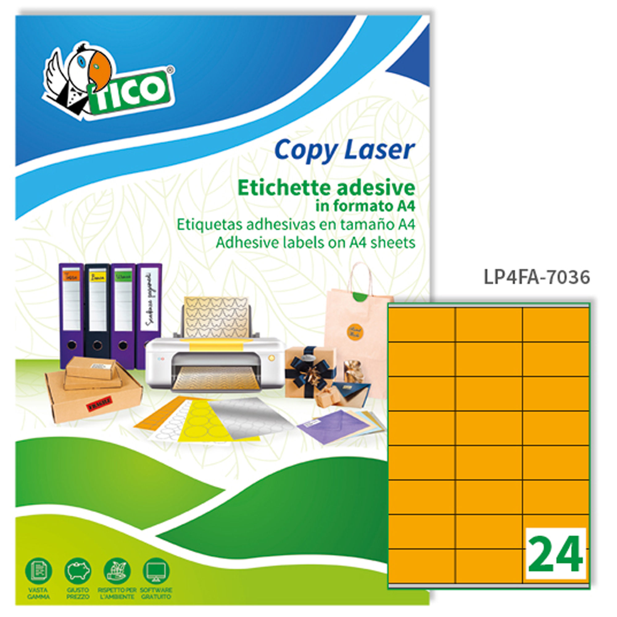 Tico Copy Laser Premium - Carta - autoadesivo permanente - arancione fluorescente - 70 x 36 mm 1680 etichette (70 foglio(i) x 24) etichette fluorescenti