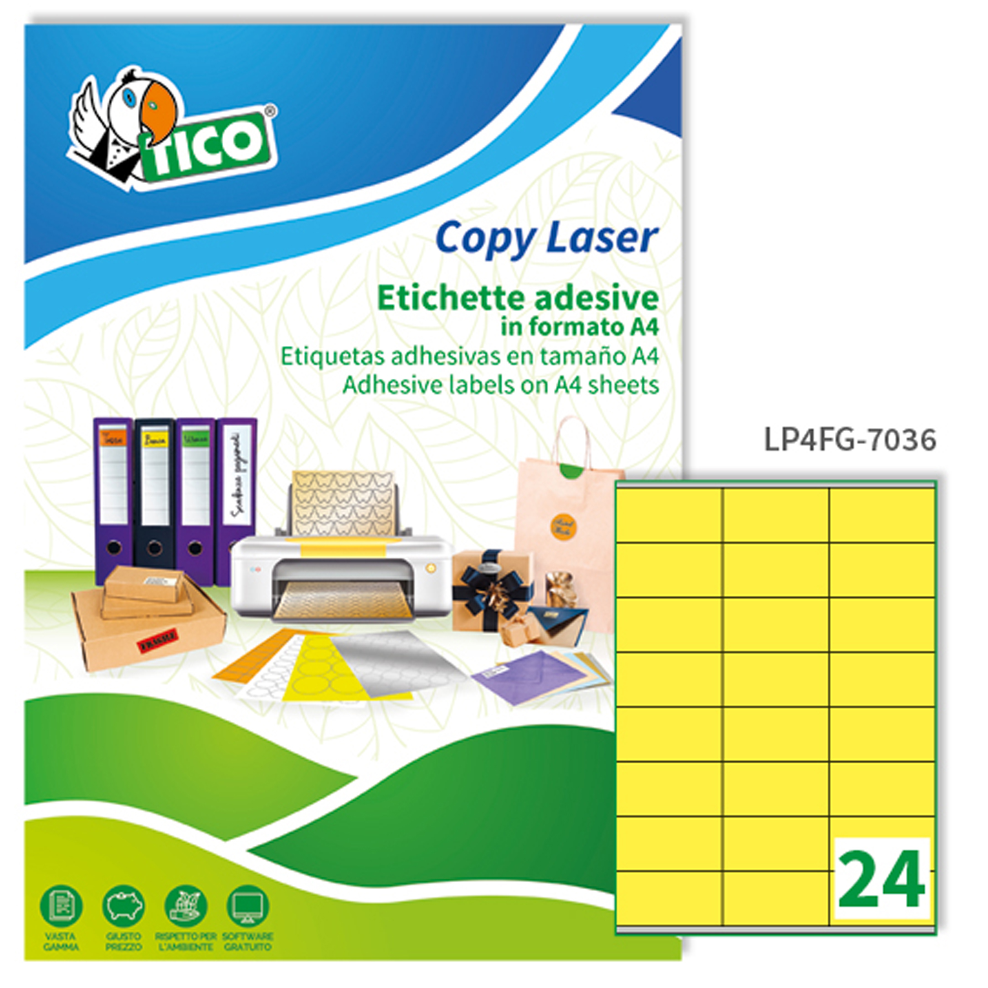 Tico Copy Laser Premium - Carta - autoadesivo permanente - giallo - 70 x 36 mm 1680 etichette (70 foglio(i) x 24) etichette fluorescenti