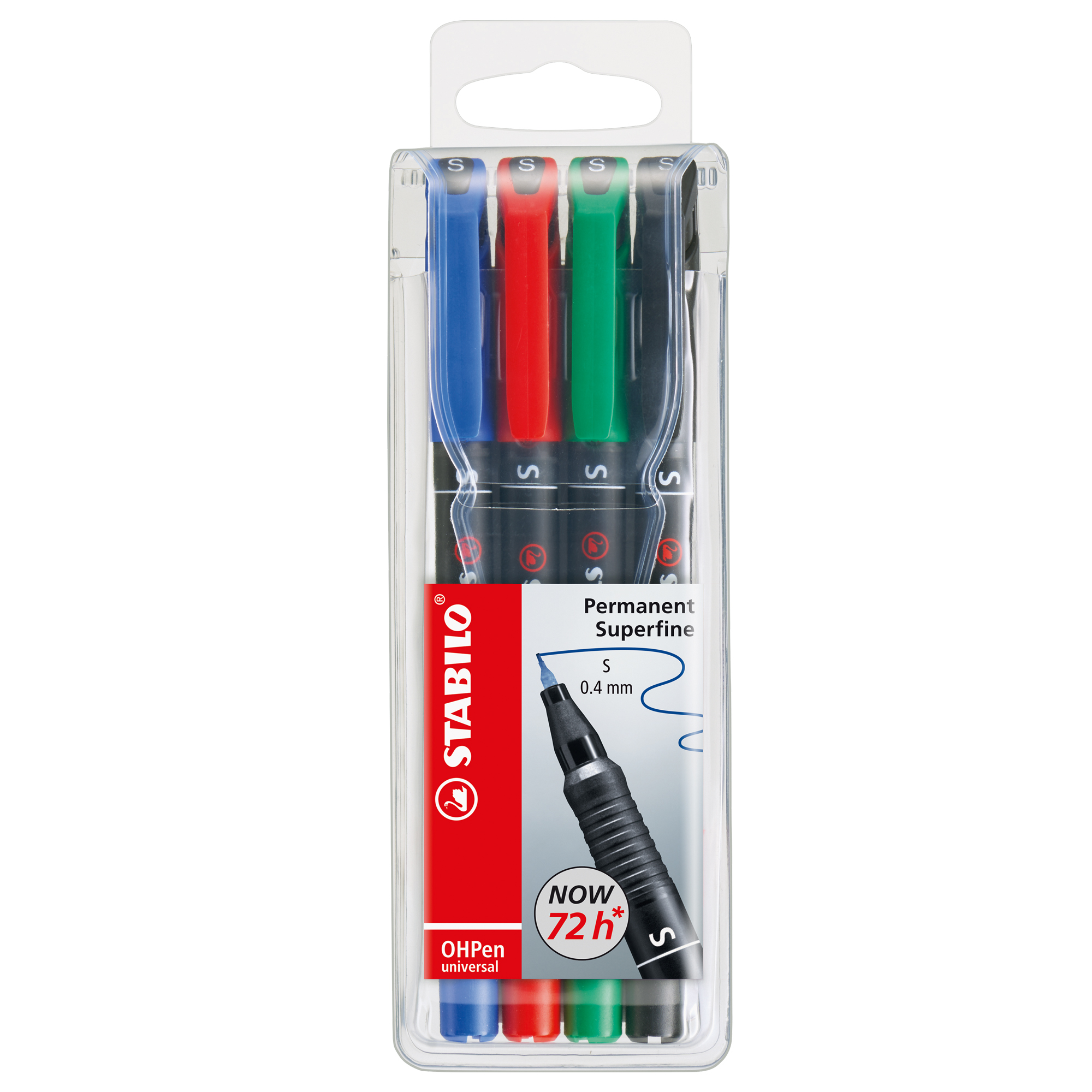 STABILO OHPen universal - Penna a punta sottile - permanente - per lucidi - nero, rosso, blu, verde - 0.4 mm - superfine (pacchetto di 4)