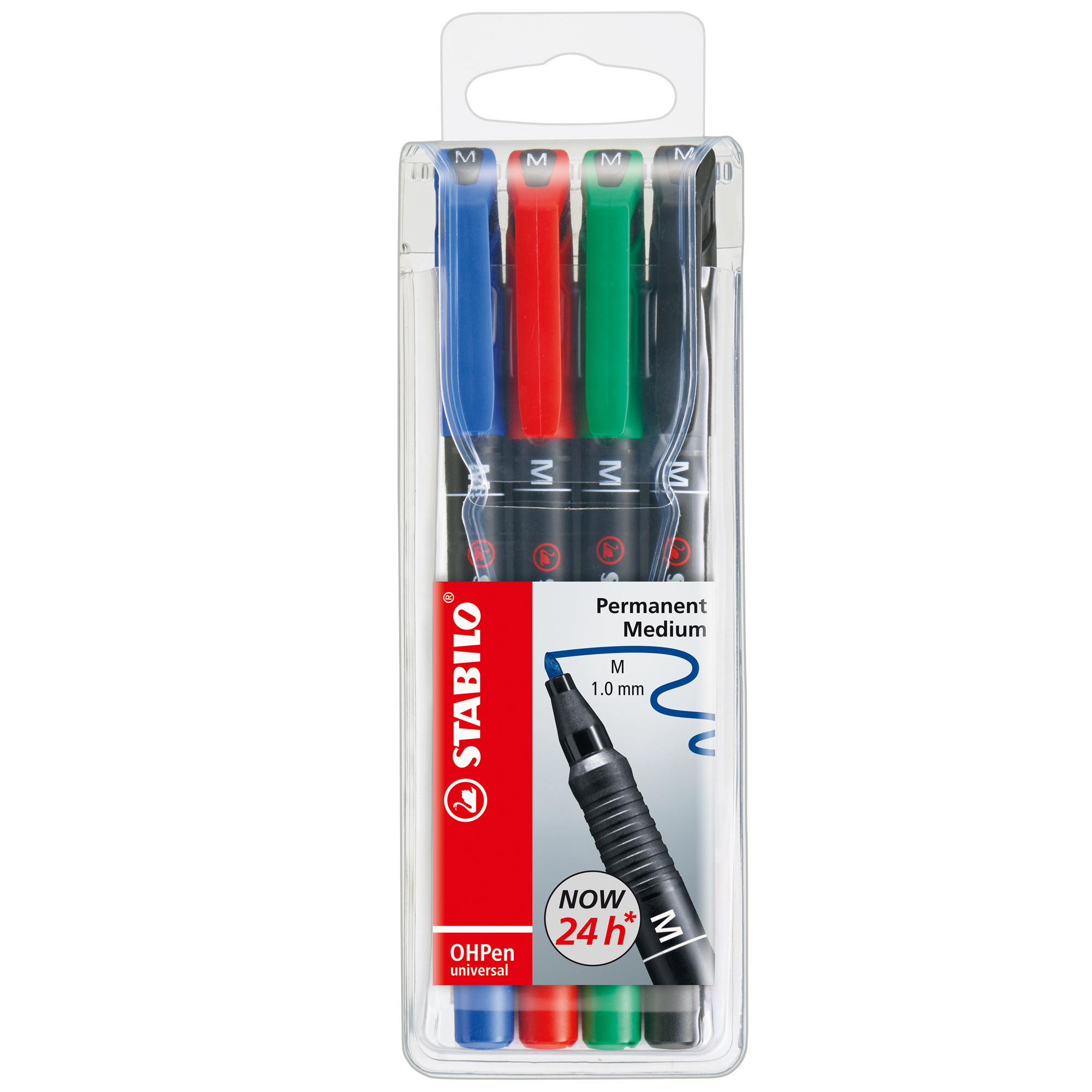STABILO OHPen universal - Penna a punta sottile - permanente - per lucidi - nero, rosso, blu, verde - 1 mm - medio (pacchetto di 4)