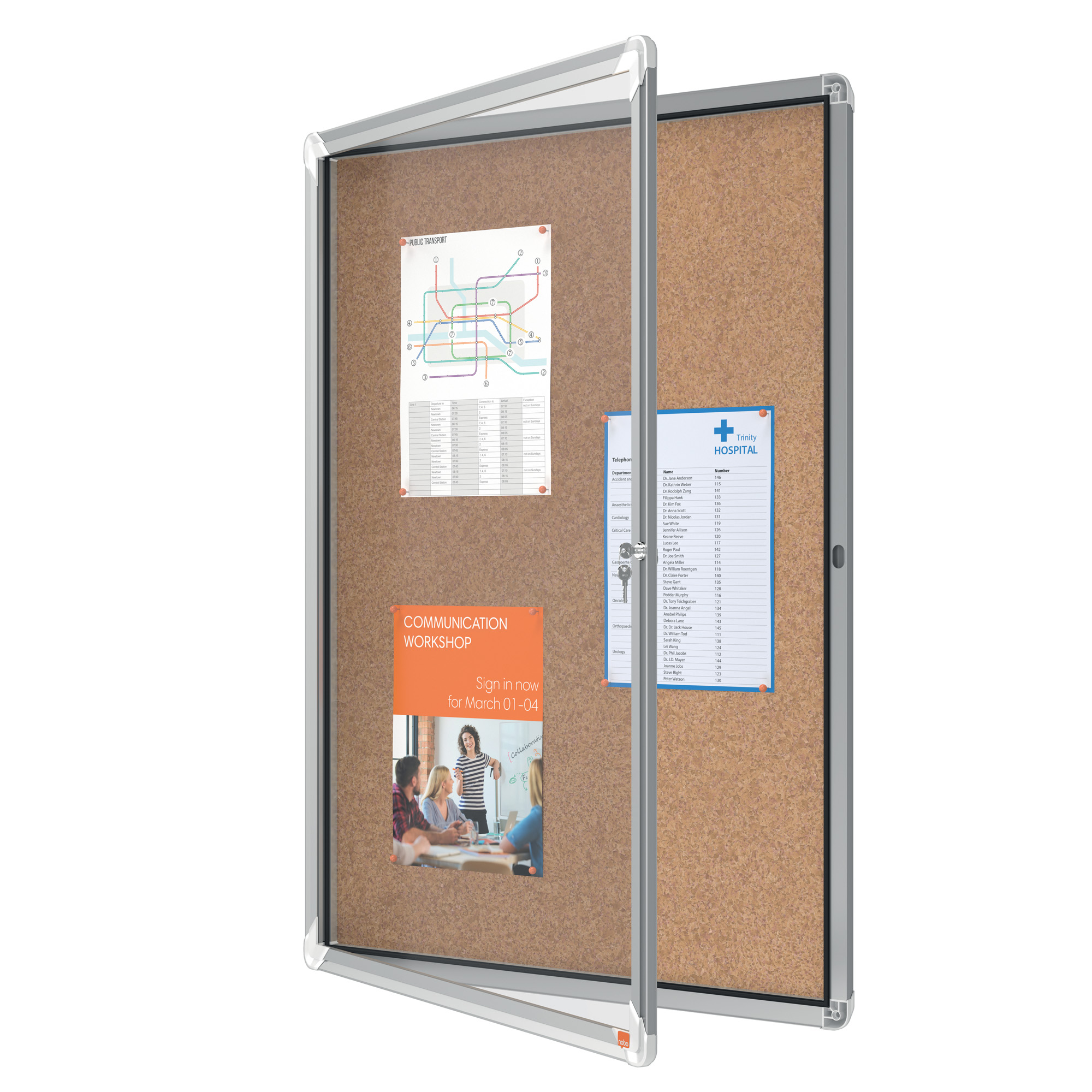 Nobo - Bacheca chiusa - montabile a parete - 1000 x 752 mm - 9 x A4 - sughero - non magnetico - quercia - cornice argento