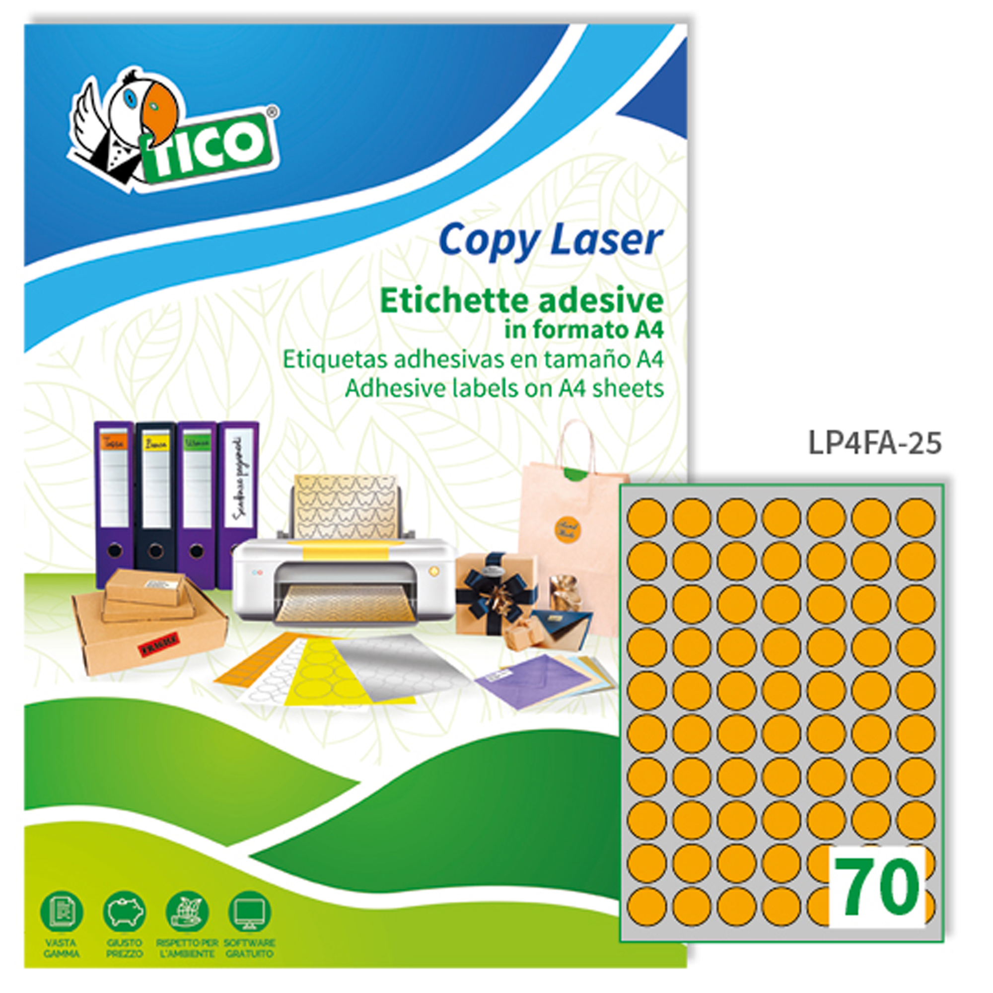 Tico Copy Laser Premium - Carta - adesivo permanente - arancione fluorescente - 25 mm di diametro - 133 g/m² - 4900 etichette (70 foglio(i) x 70) etichette fluorescenti