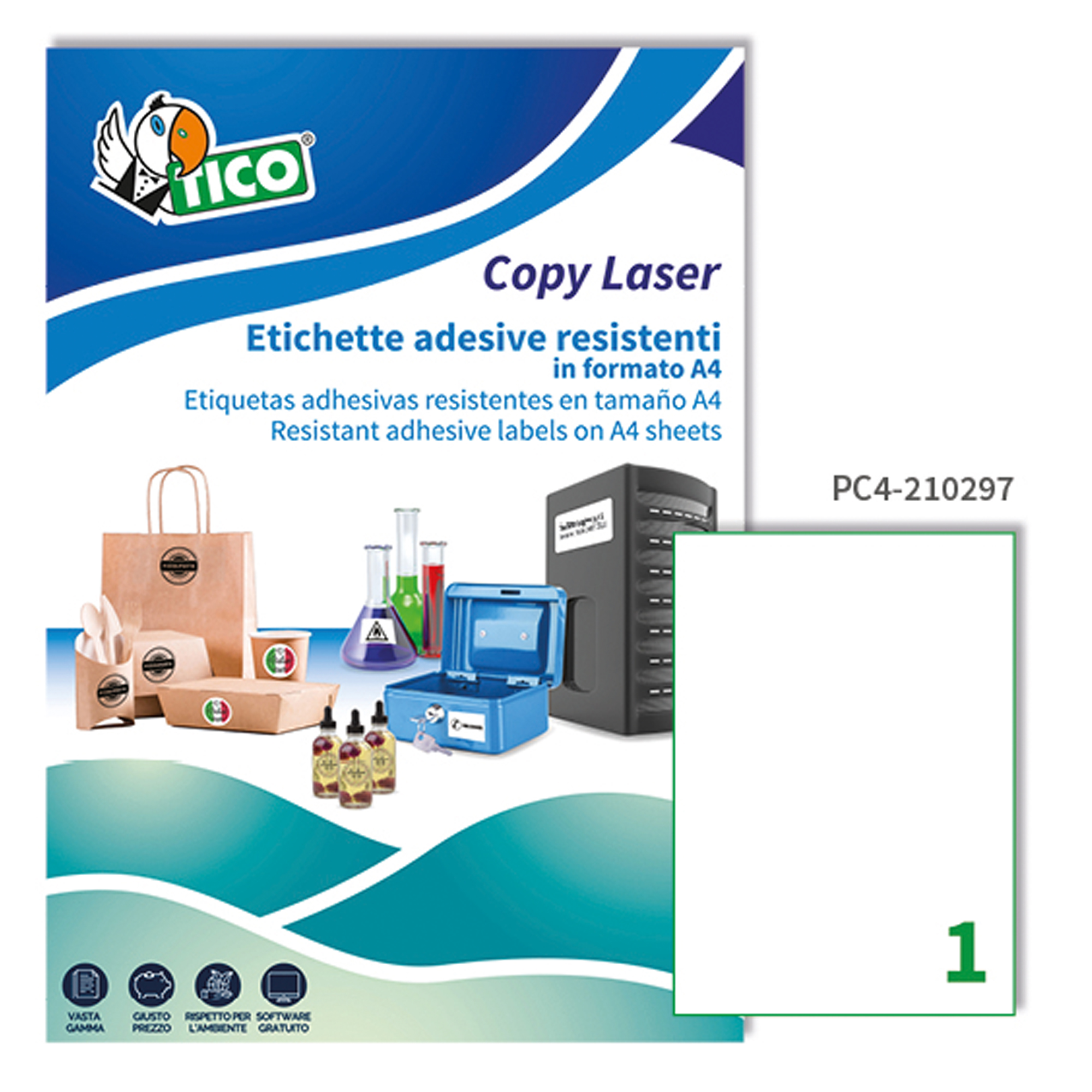 Tico - Poliestere - Lucido - trasparente - A4 (210 x 297 mm) 100 etichette (100 foglio(i) x 1) etichette