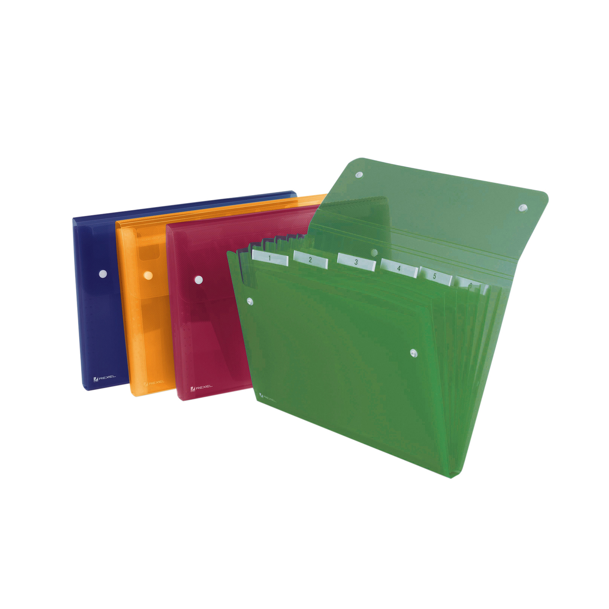 Rexel ICE - Cartelletta portadocumenti - 6 compartimenti - 6 parti - larghezza dorsale 30 mm - per 250 x 330 mm - capacità 120 fogli - con schede - blu, rosa, trasparente, turchese (pacchetto di 10)