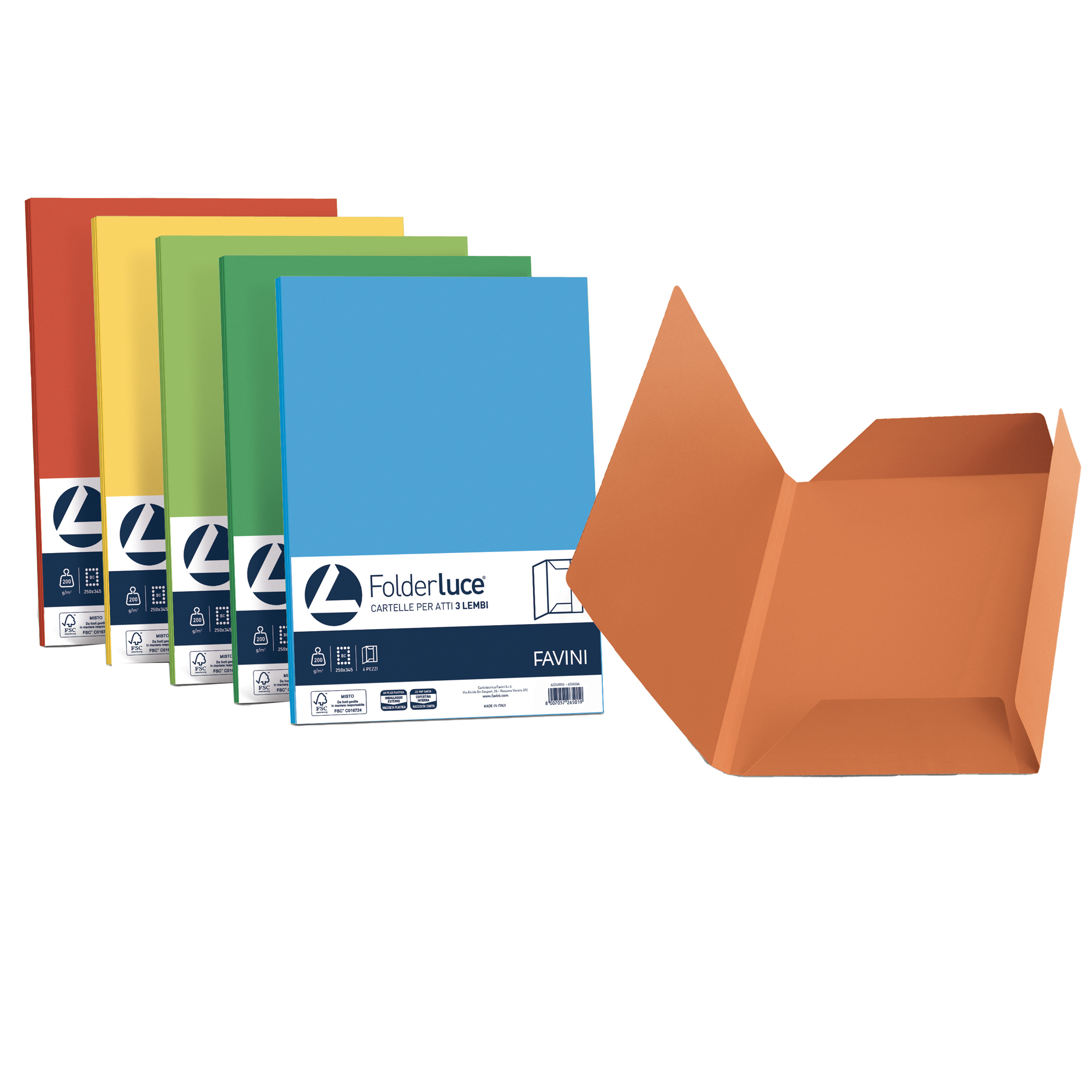 FAVINI HOME-OFFICE PROFESSIONAL Luce-Acqua - Cartelletta a 3 lembi - per 245 x 345 mm - colori assortiti (pacchetto di 25)
