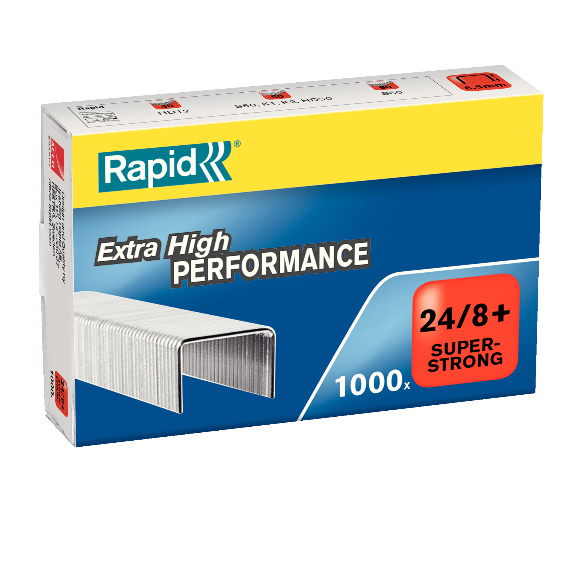 Rapid Super Strong - Punti metallici - 24/8+ - 8.5 mm - acciaio galvanizzato - zincato - pacco da 1000 - per Classic K1, K2; Supreme S50