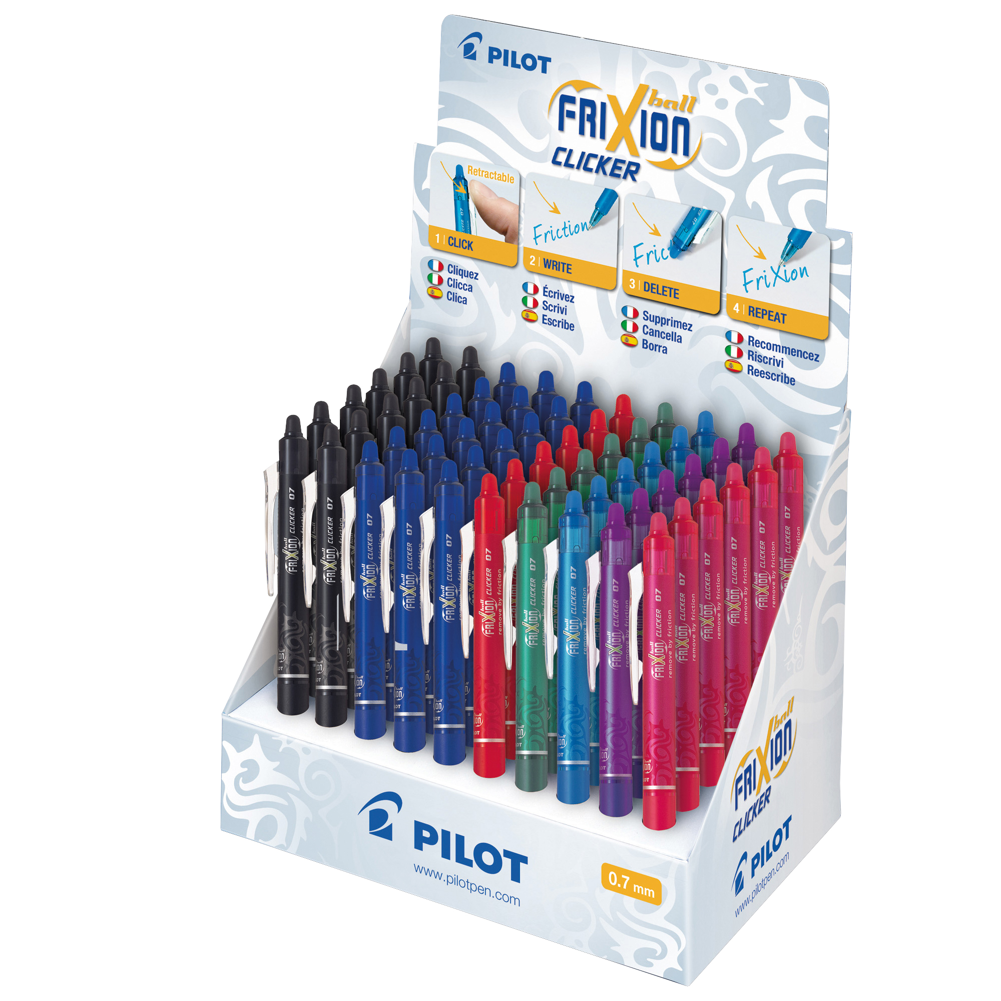 Pilot FriXion Ball Clicker - Penna a sfera - non permanente - colori assortiti - inchiostro in gel sensibile al calore - 0.7 mm - retrattile - con gomma (pacchetto di 60)