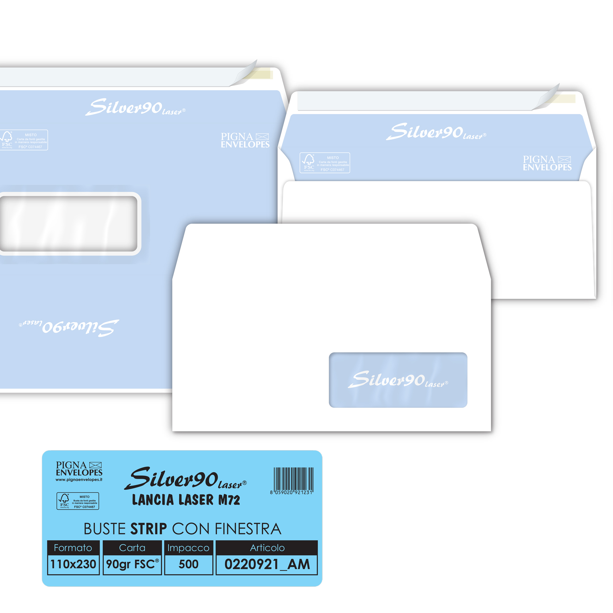 Pigna EDERA STRIP - Busta - 110 x 230 mm - a portafoglio - apertura laterale - autoadesiva - 1 finestra - stampabile - pacco da 500
