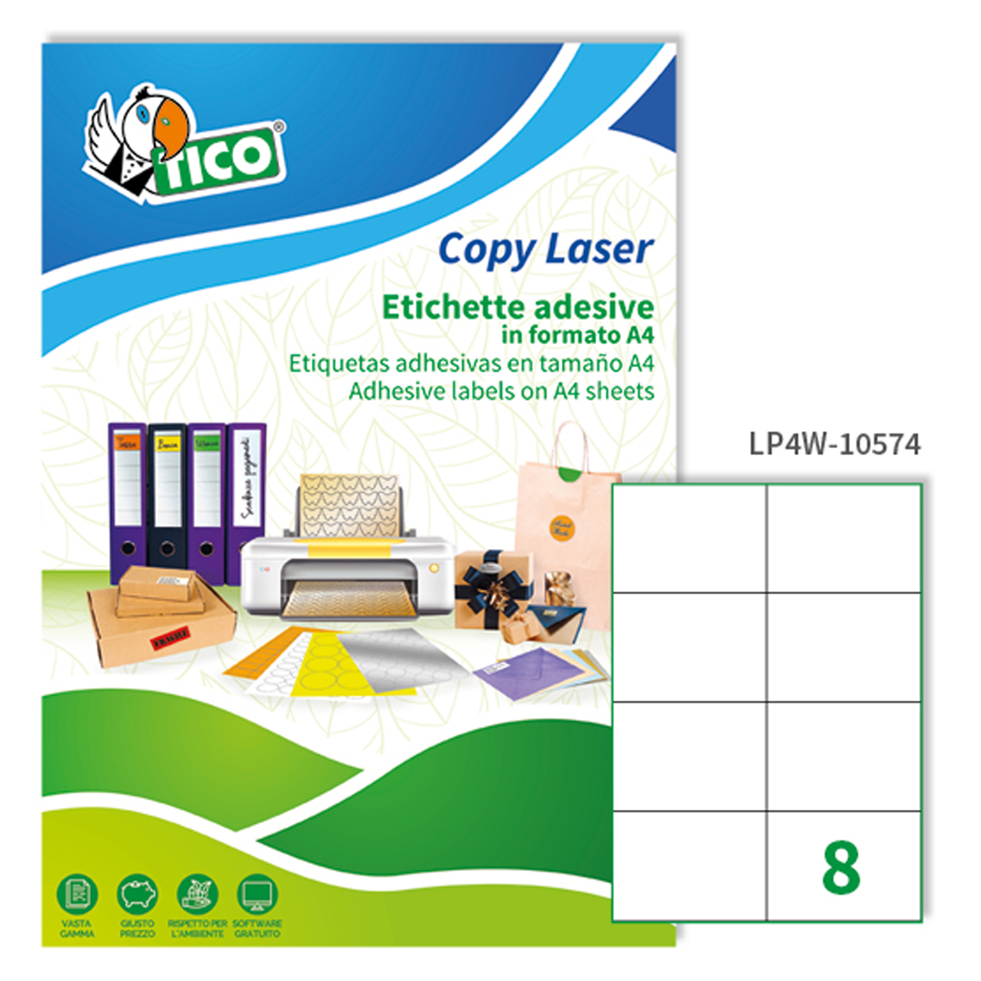 Tico Copy Laser Premium - Carta - Opaca - adesivo permanente - bianco - 105 x 74 mm 800 etichette (100 foglio(i) x 8) etichette