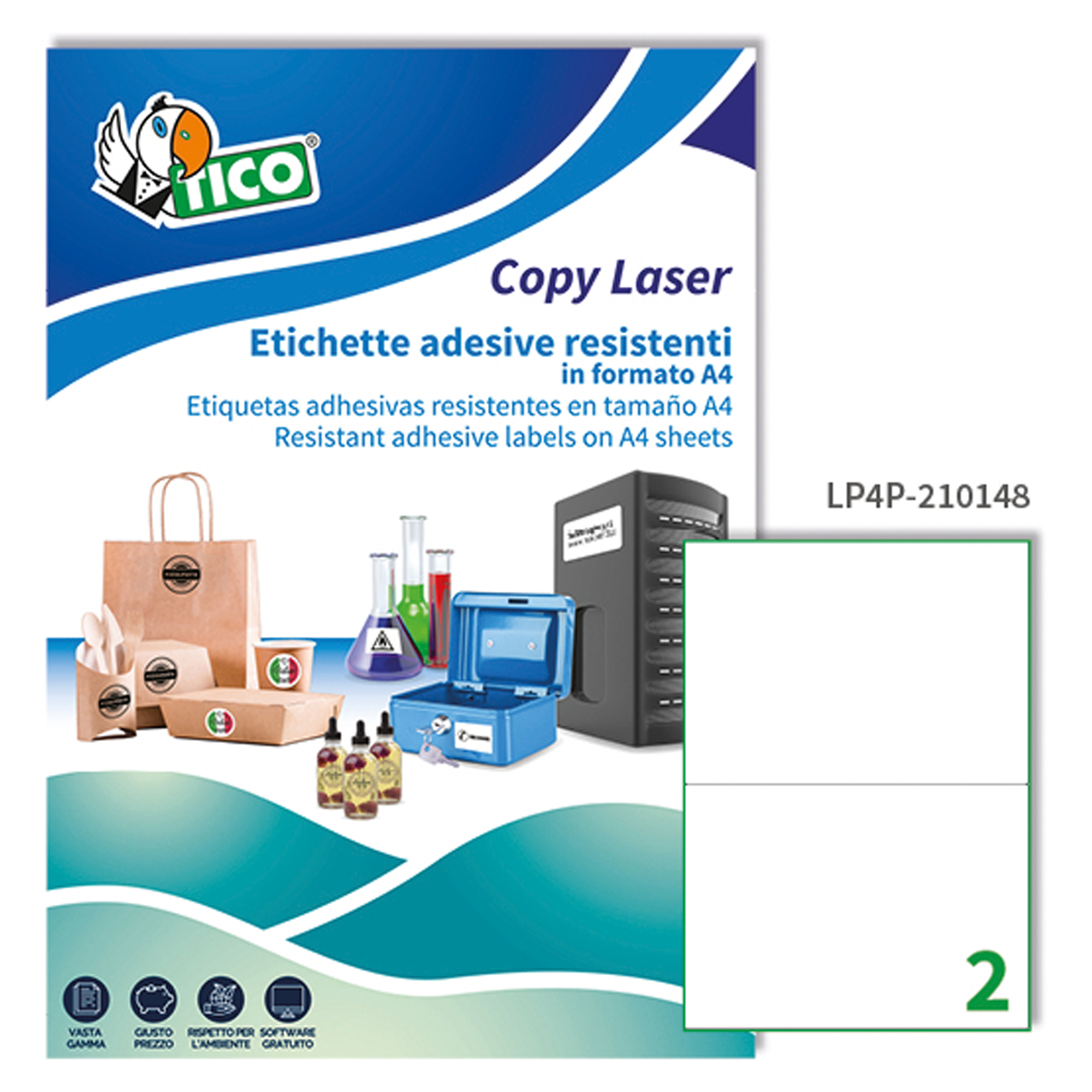 Tico Copy Laser Premium - Poliestere - autoadesivo permanente - bianco - 210 x 148 mm 140 etichette (70 foglio(i) x 2) etichette