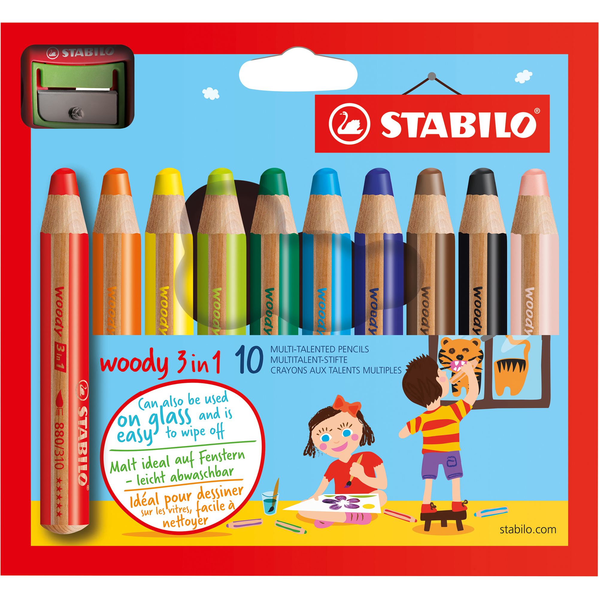 STABILO woody 3 in 1 - Pastello colorato - per vetro, pelle, metallo - colori assortiti - 10 mm (pacchetto di 10)
