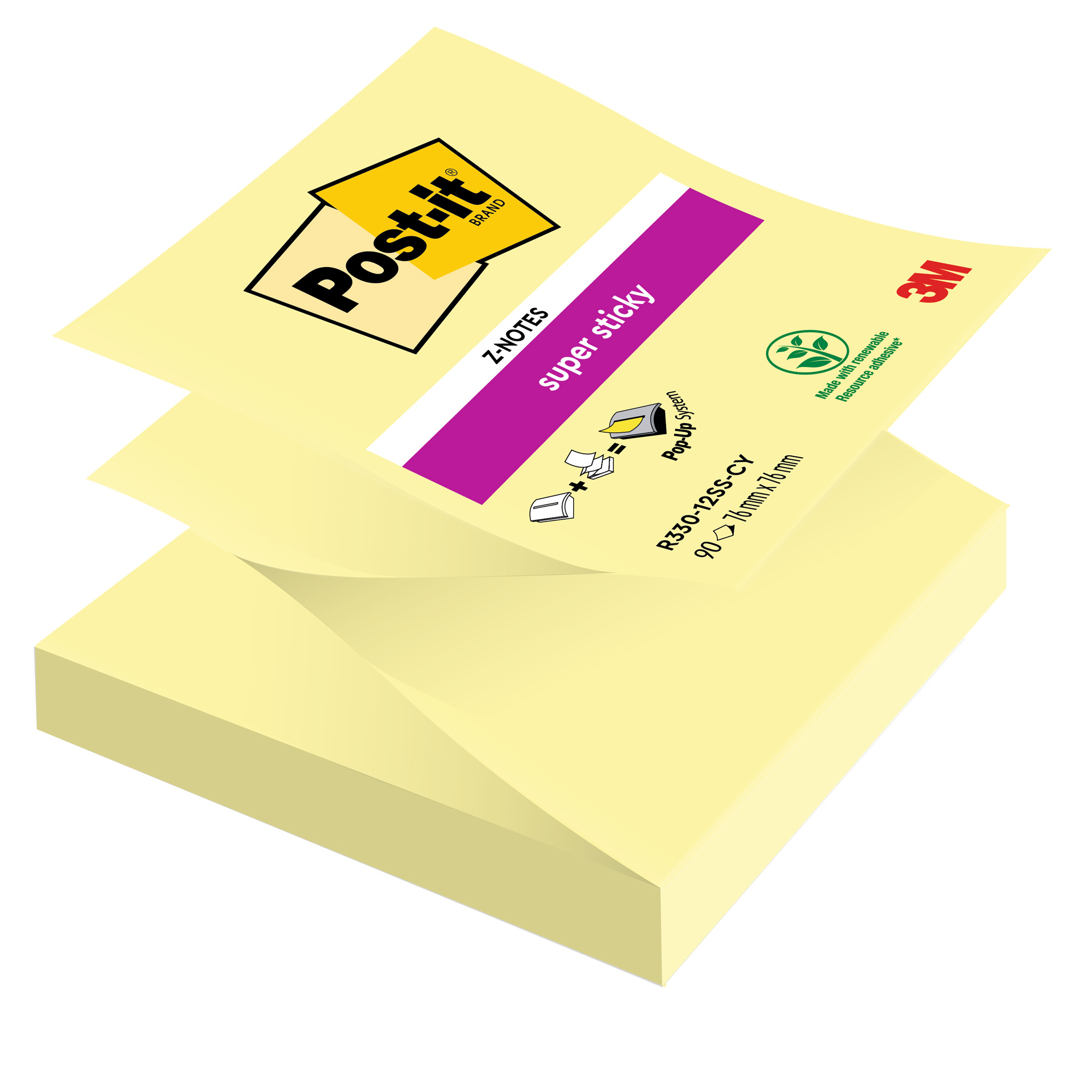 Post-it Super Sticky R330-12SSCY - Foglietti adesivi a Z - 76 x 76 mm - 1080 fogli (12 x 90) - giallo canarino