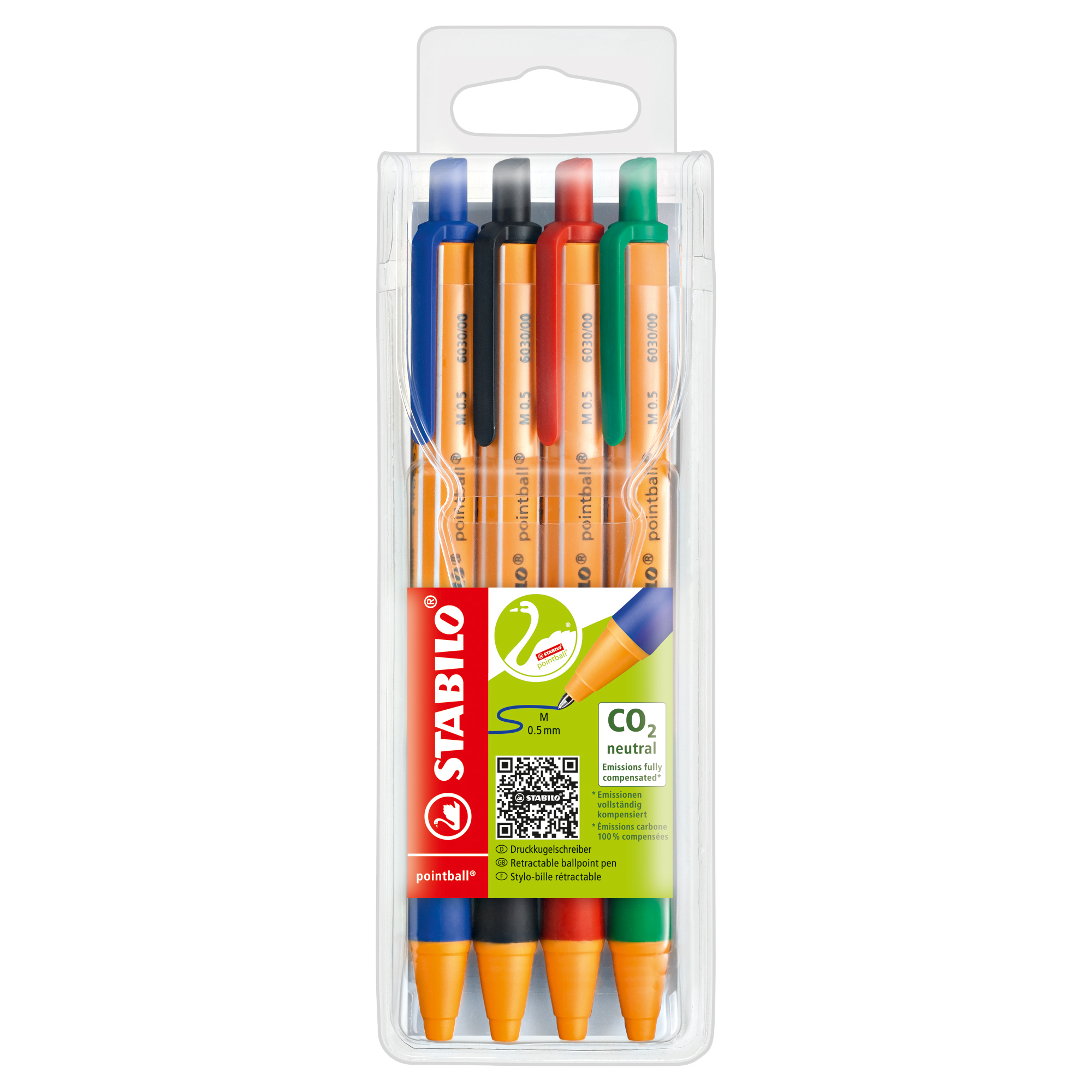 STABILO pointball - Penna a sfera - nero, rosso, blu, verde - 0.5 mm - medio - retrattile (pacchetto di 4)