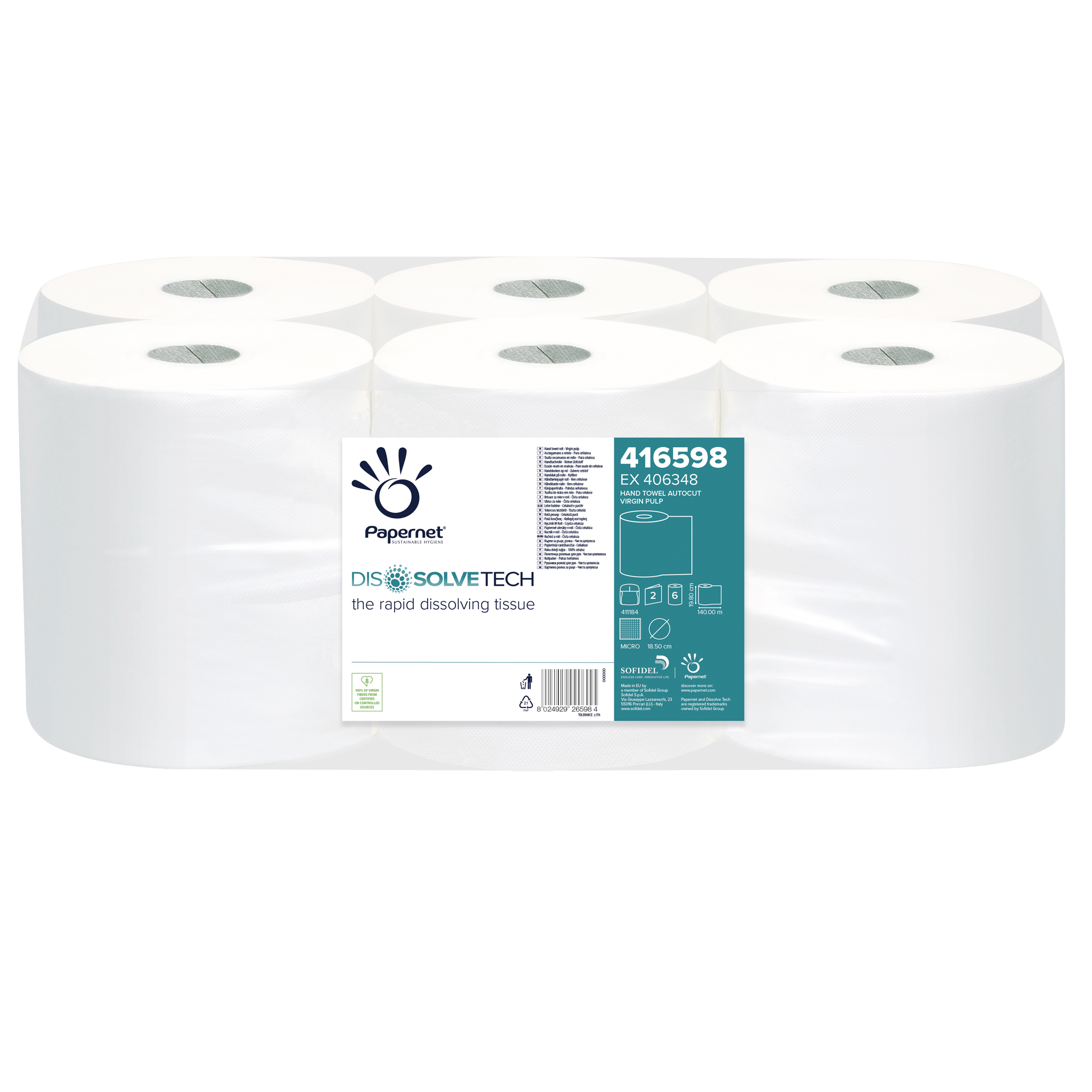 Papernet Dissolve Tech Superior Autocut - Asciugamani - pura cellulosa - rotolo - 140 m - bianco (pacchetto di 6)
