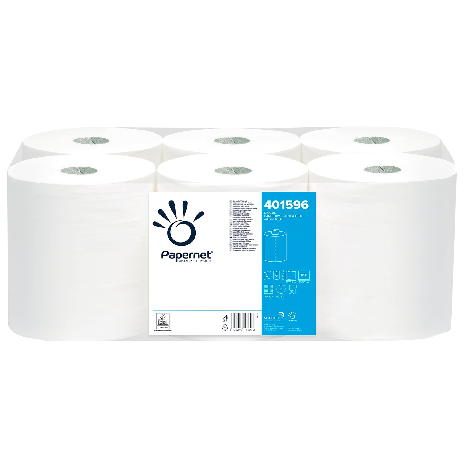 Papernet Special - Asciugamani - pura cellulosa - 450 fogli - rotolo centrale - 137.25 m - bianco (pacchetto di 6)