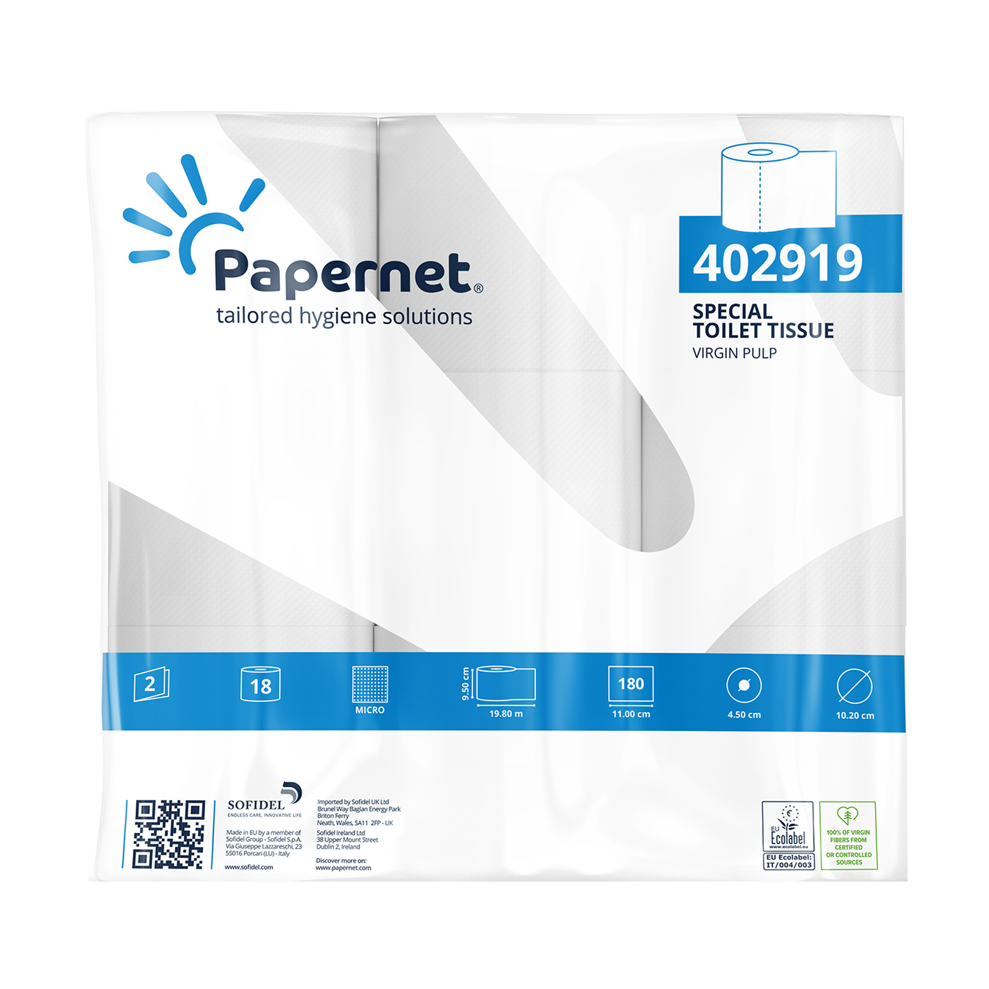 Papernet Special - Carta igienica - pura cellulosa - 180 fogli - rotolo - 19.8 m - bianco (pacchetto di 18)