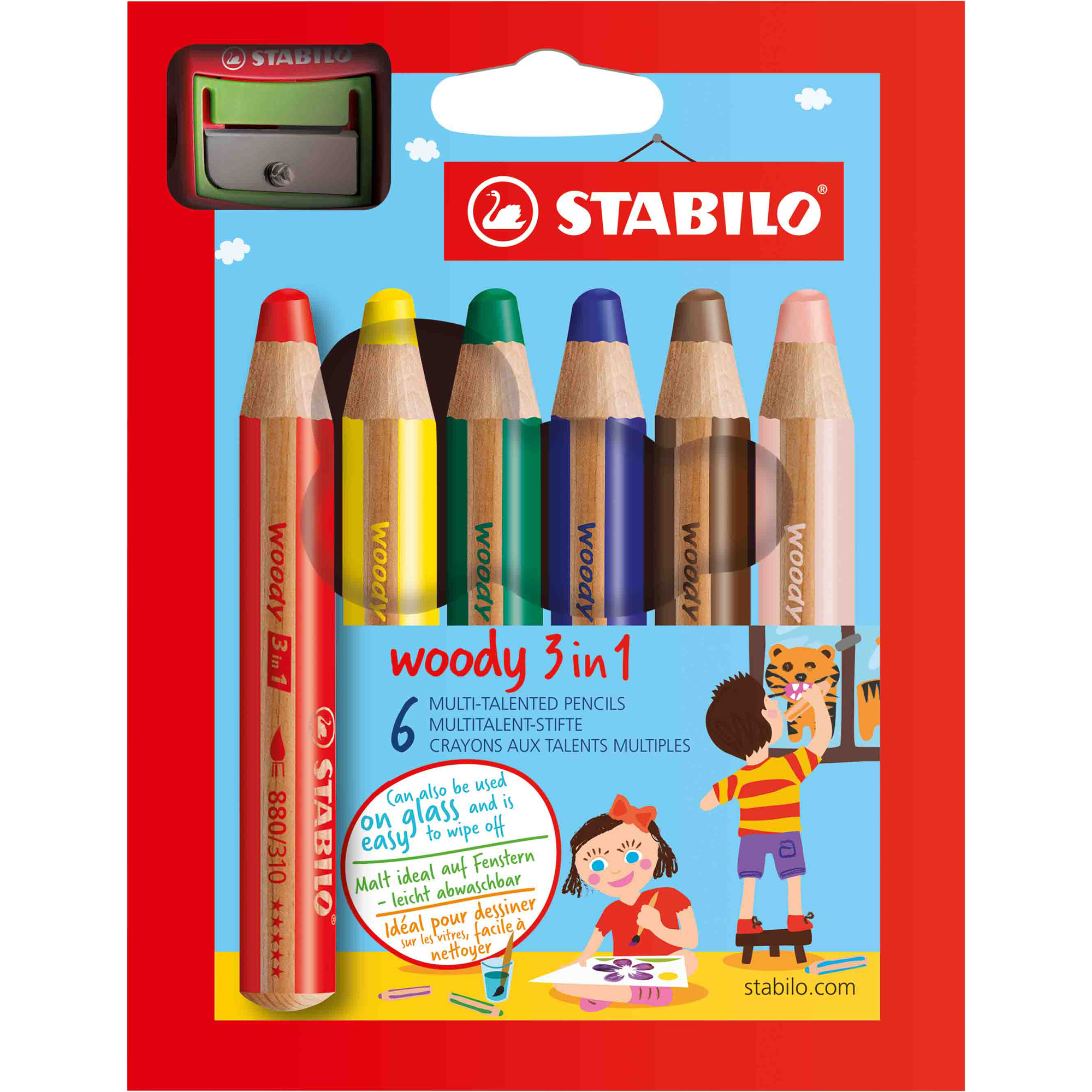 STABILO woody 3 in 1 - Pastello colorato - per vetro, pelle, metallo - giallo, marrone, blu oltremare, lilla, rosso STABILO, verde scuro - 10 mm (pacchetto di 6)