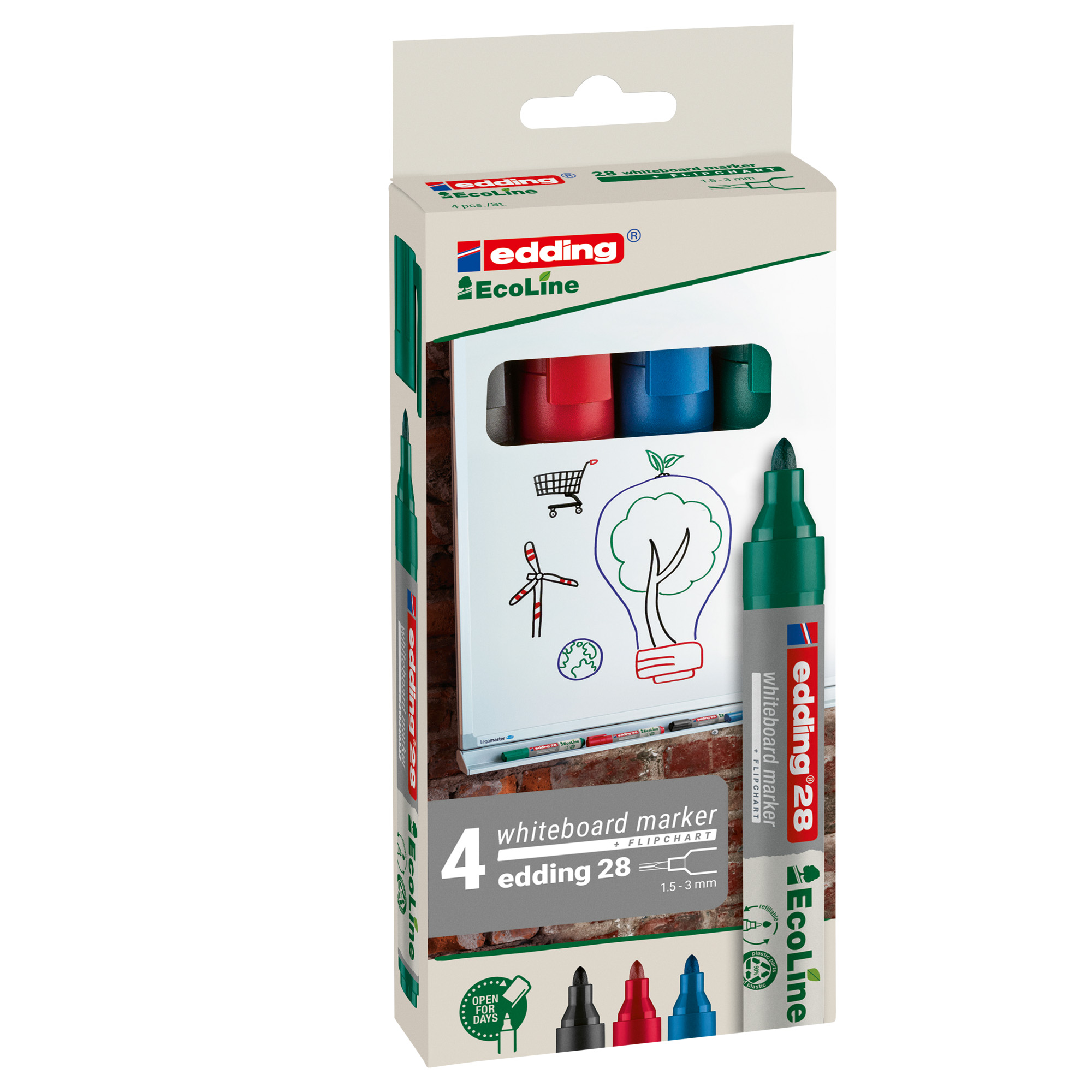 edding EcoLine 28 board - Marcatore - nero, rosso, blu, verde - inchiostro pigmentato - 1.5-3 mm (pacchetto di 4)