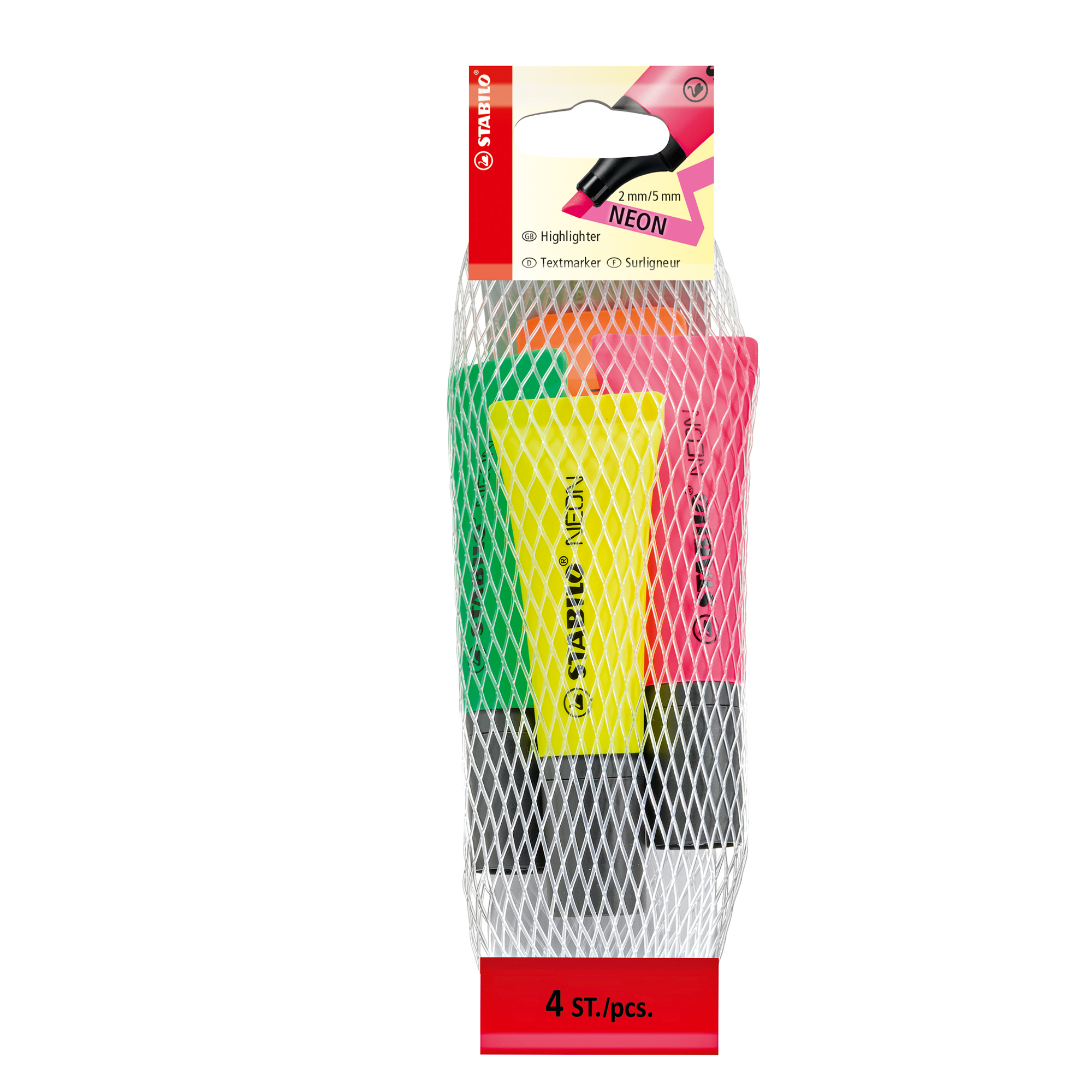STABILO NEON - Evidenziatore - verde, giallo, arancione, rosa - inchiostro base acqua - 2-5 mm (pacchetto di 4)