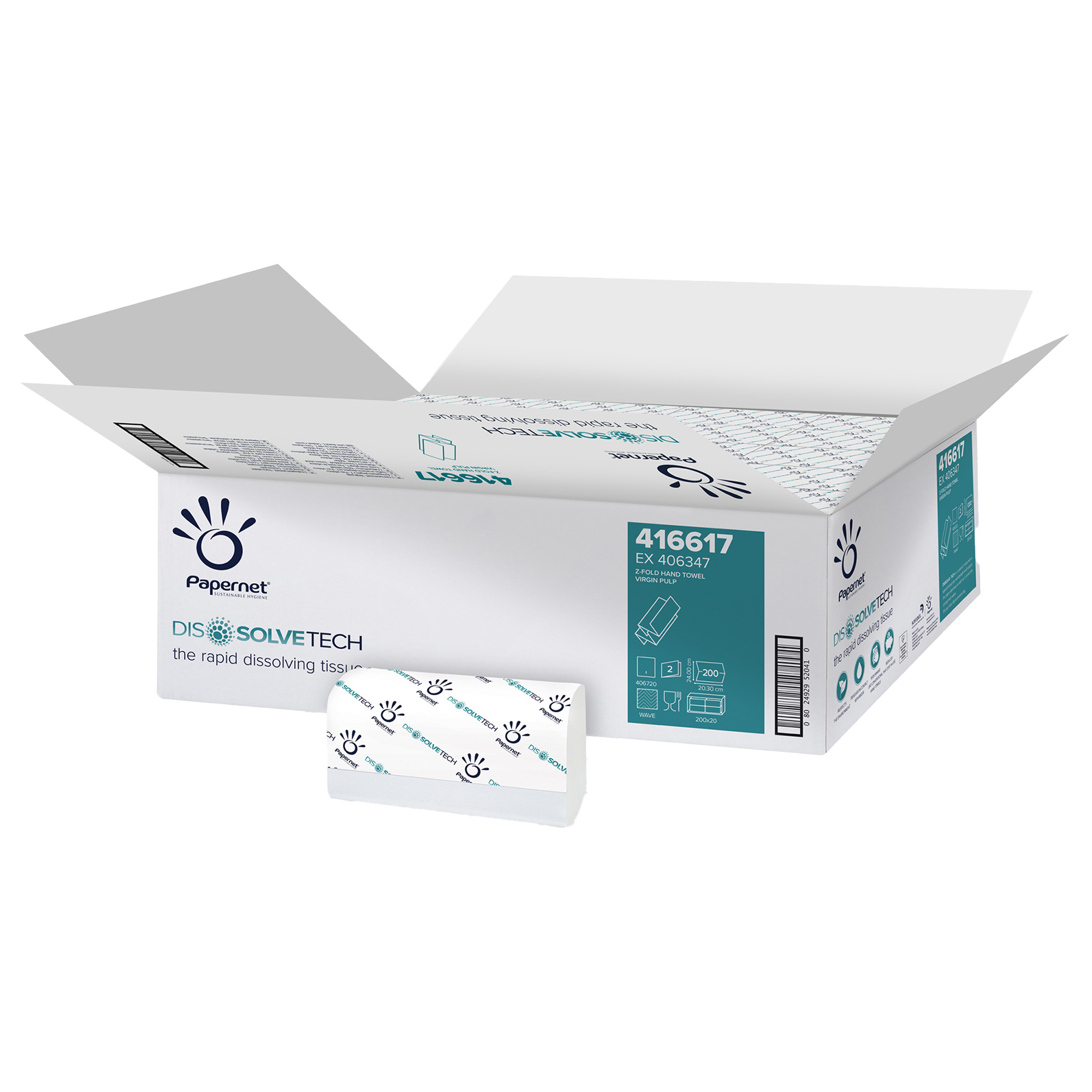 Papernet Dissolve Tech Superior - Asciugamani - pura cellulosa - 200 fogli - piega a Z - bianco (pacchetto di 20)