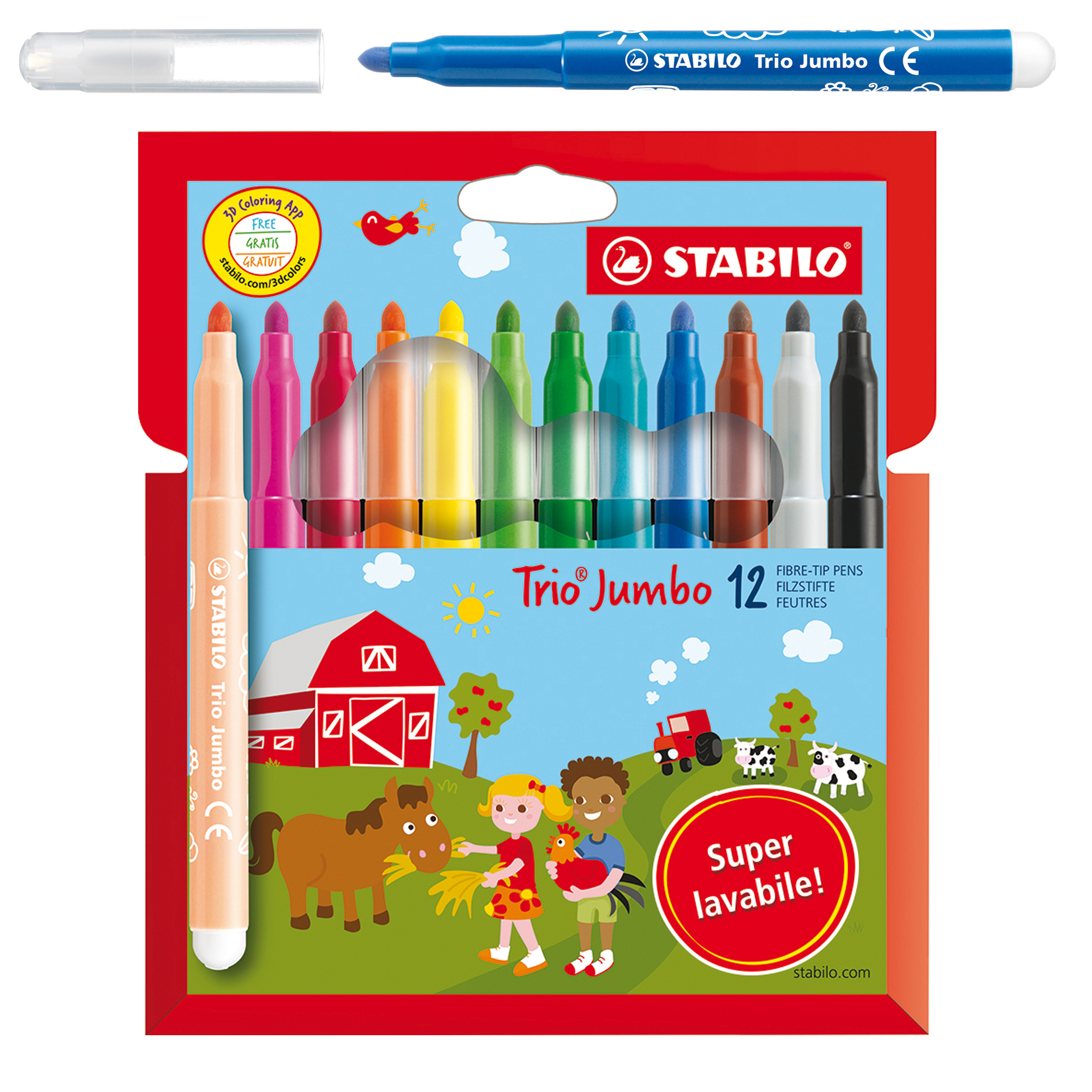 STABILO Trio Jumbo - Penna punta in fibra - non permanente - colori assortiti - 3 mm - extra large (pacchetto di 12)