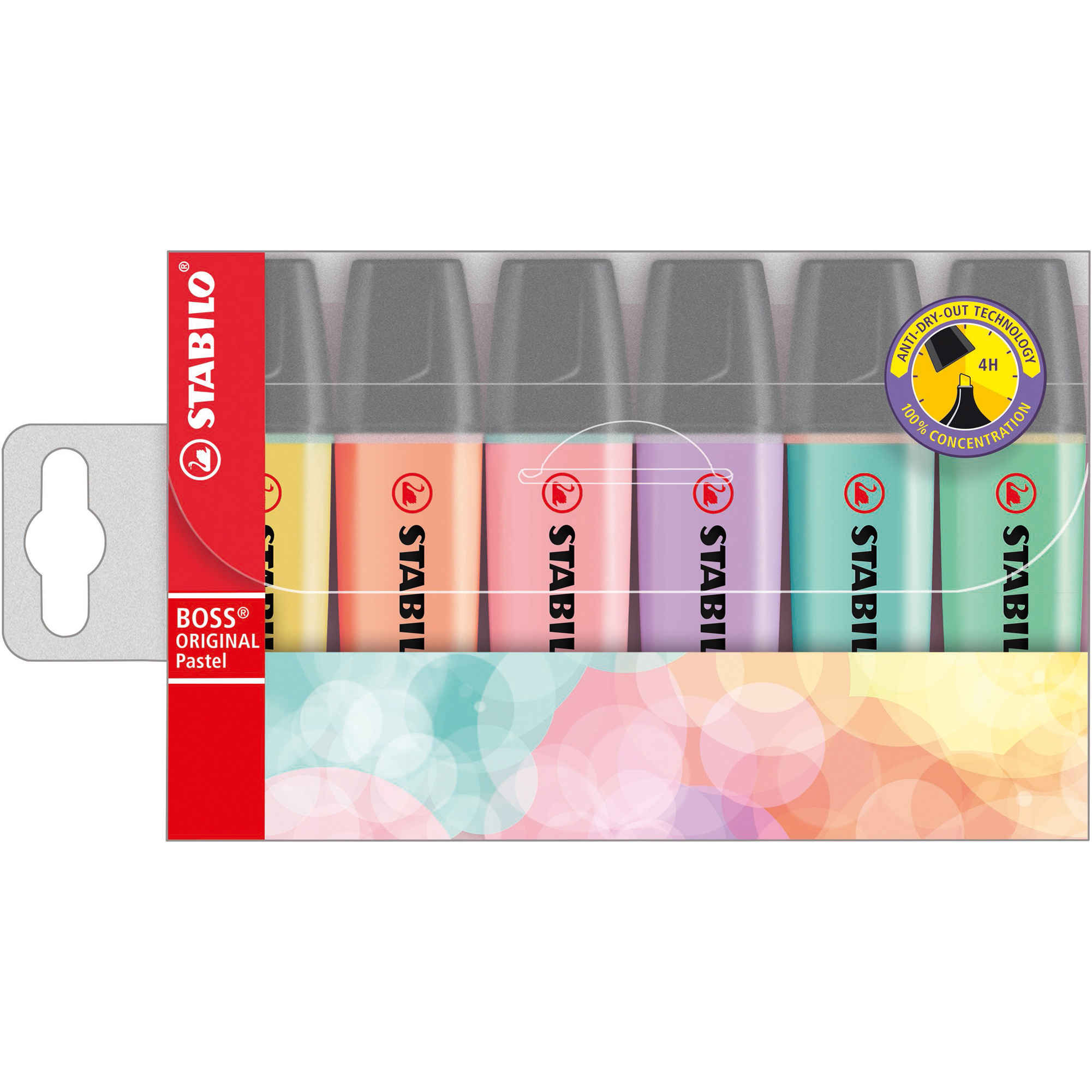 STABILO BOSS ORIGINAL - Evidenziatore - rosa timidezza, pesca cremosa, giallo lattiginoso, tocco di turchese, accenno di menta, nuvola lilla - inchiostro base acqua - 2-5 mm (pacchetto di 6)