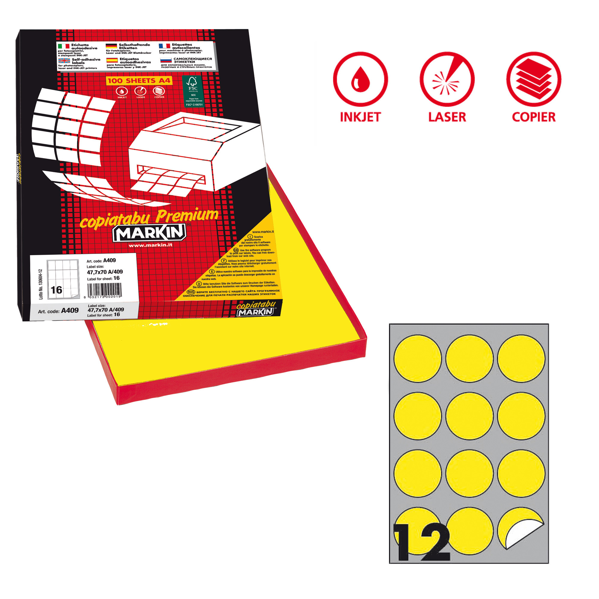 Etichette adesive R/310 - in carta - permanenti - tonde - diametro 60 mm - 12 et/fg - 100 fogli - giallo fluo - Markin