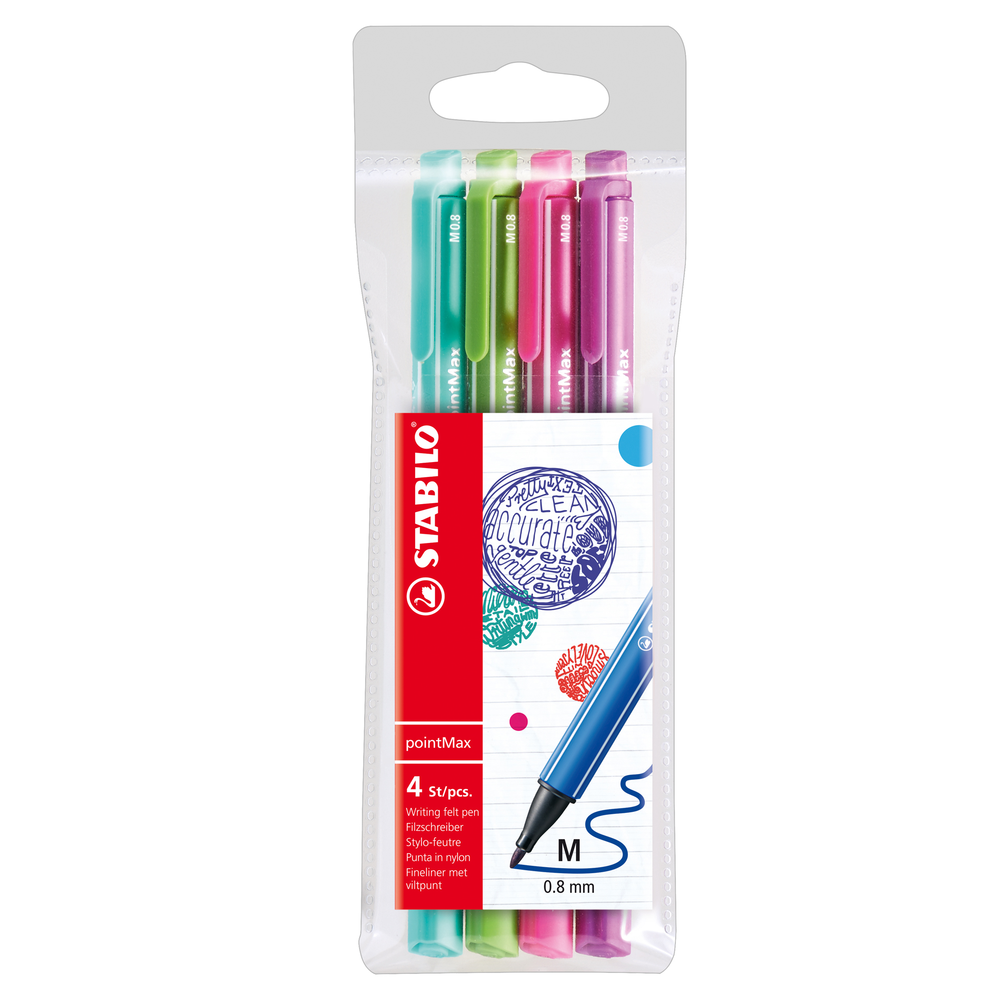 STABILO pointMax - Penna punta in fibra - rosa, verde chiaro, lilla, verde ghiaccio - inchiostro base acqua - 0.8 mm - larga (pacchetto di 4)