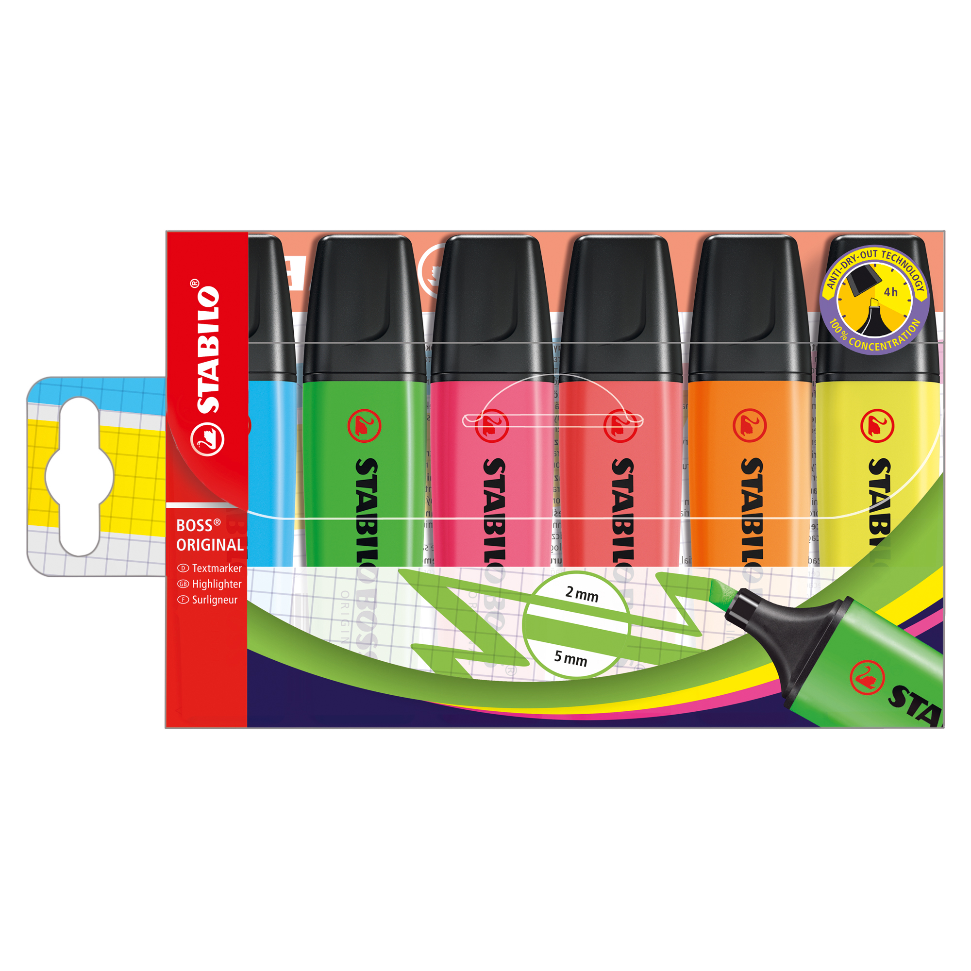 STABILO BOSS ORIGINAL - Evidenziatore - blu fosforescente, arancione fluorescente, rosso fluorescente, giallo fluorescente, verde fluorescente, rosa fluorescente - inchiostro base acqua - 2-5 mm (pacchetto di 6)