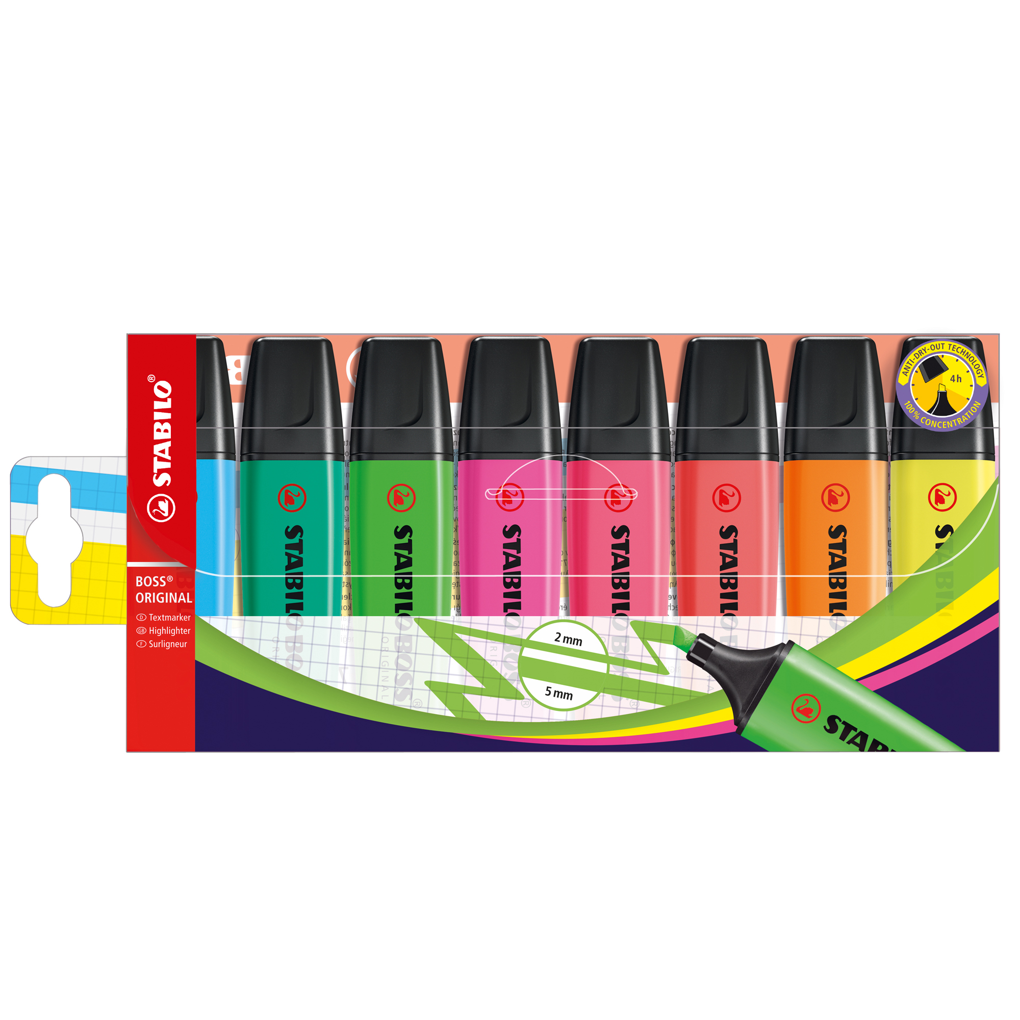 STABILO BOSS ORIGINAL - Evidenziatore - colori assortiti - inchiostro base acqua - 2-5 mm (pacchetto di 8)