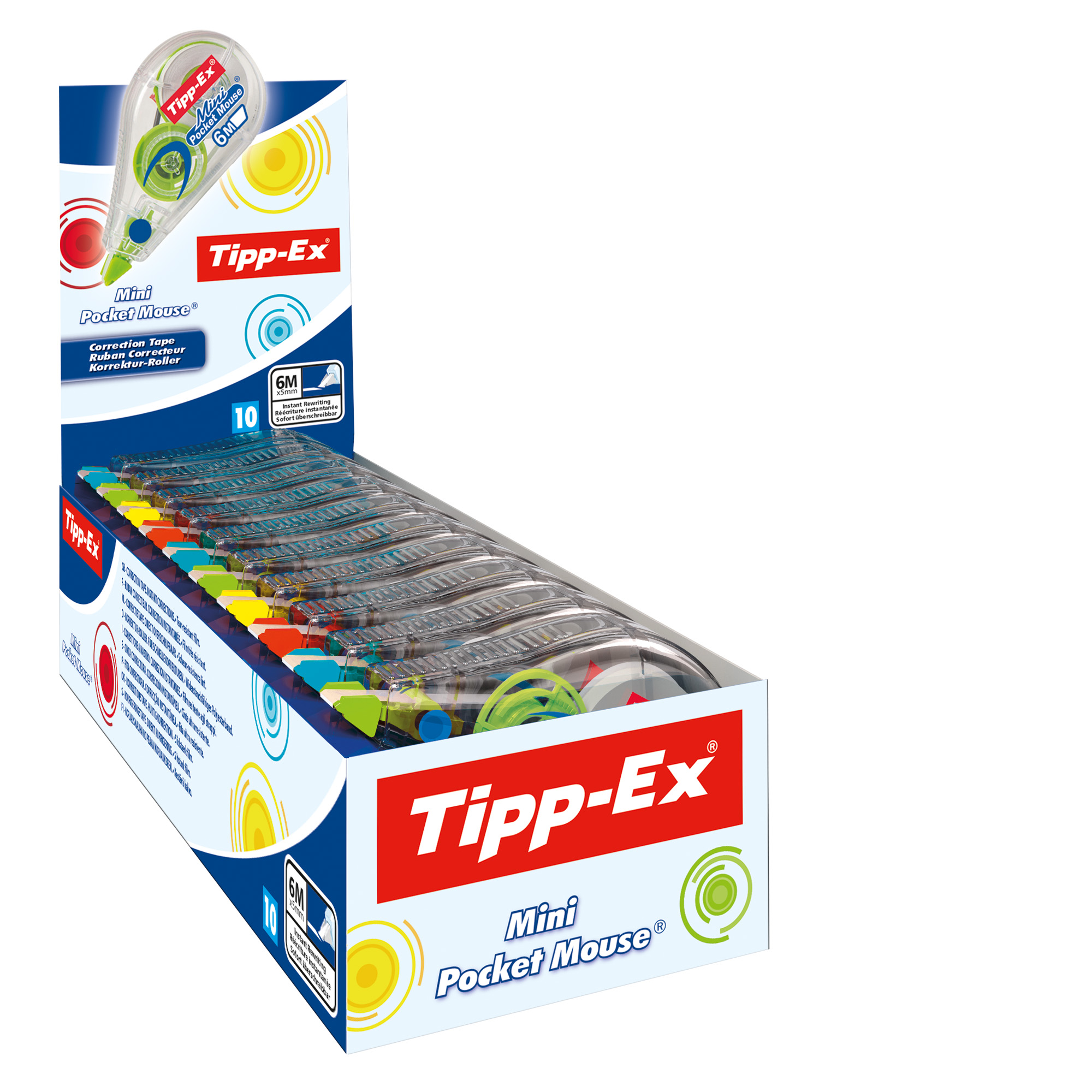 Tipp-Ex Pocket Mouse Fashion - Roller correttivo - 5 mm x 5 m - blu, giallo, rosso, verde - dispenser trasparente (pacchetto di 10)
