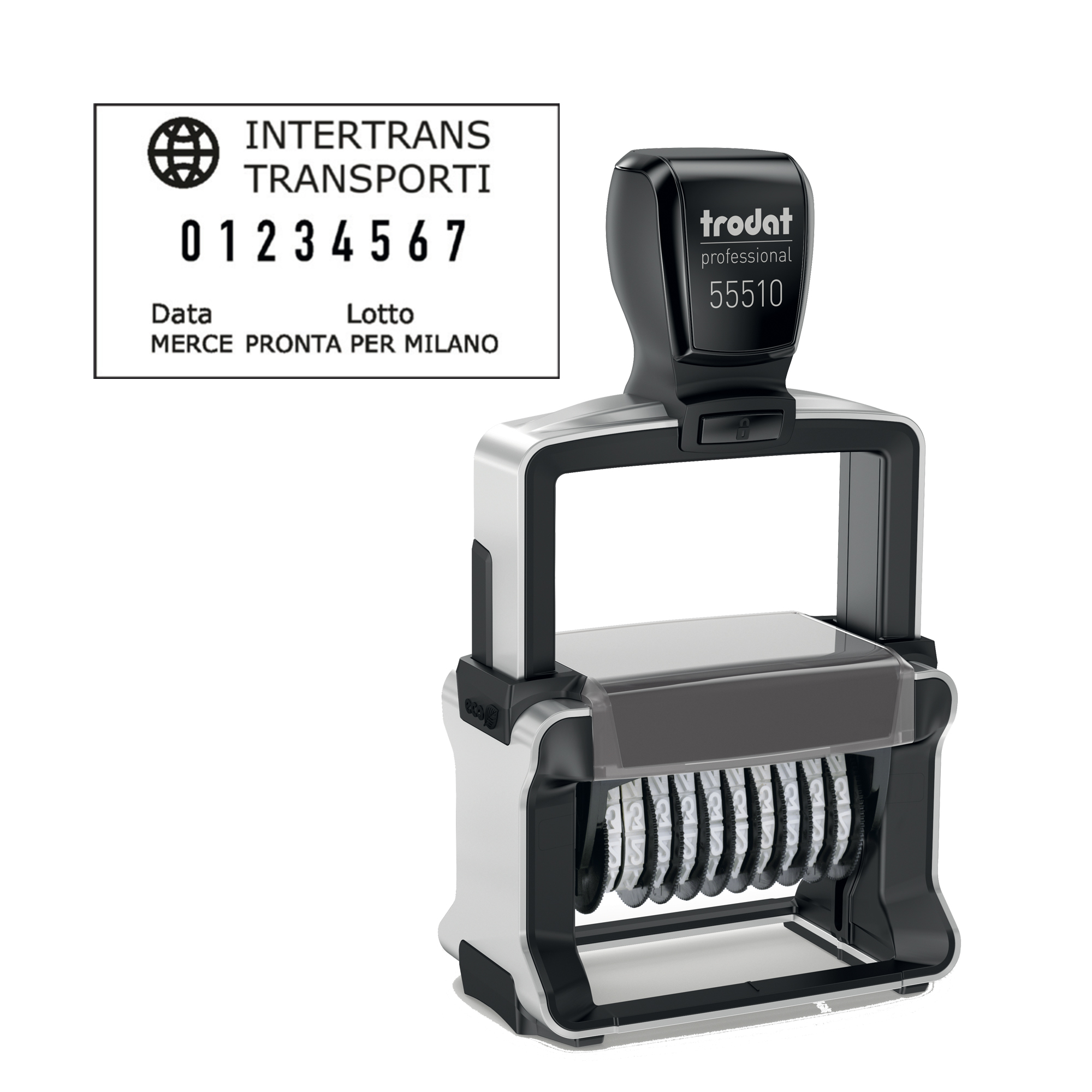Trodat Professional 4.0 55510/PL - Timbro - autoinchiostrante - nero - numero - 10 caratteri - 5 mm - 57 x 98 mm - nero, argento