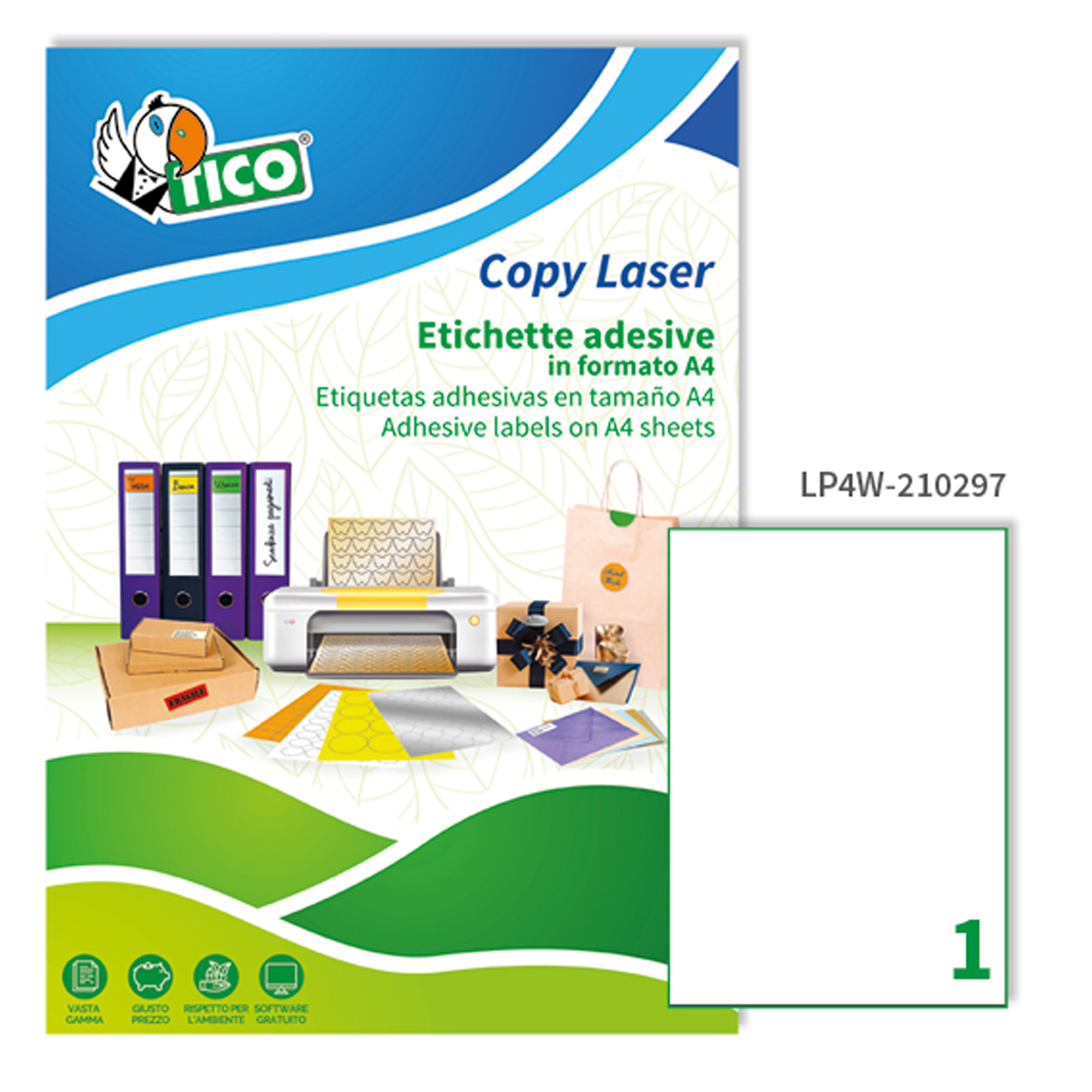 Tico Copy Laser Premium - Carta - adesivo permanente - bianco opco - A4 (210 x 297 mm) 100 etichette (100 foglio(i) x 1) etichette
