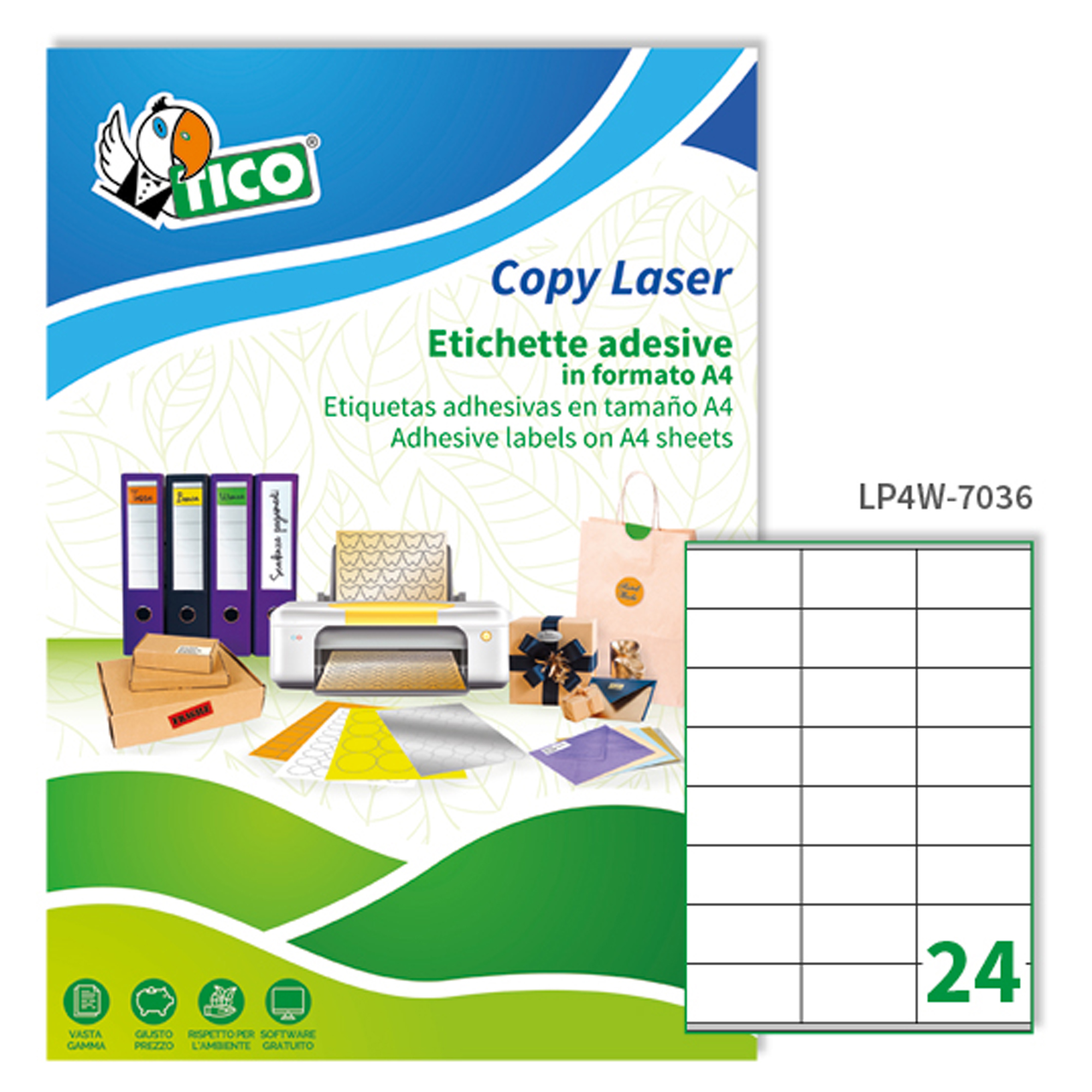 Tico Copy Laser Premium - Carta - Opaca - adesivo permanente - bianco - 70 x 36 mm 2400 etichette (100 foglio(i) x 24) etichette