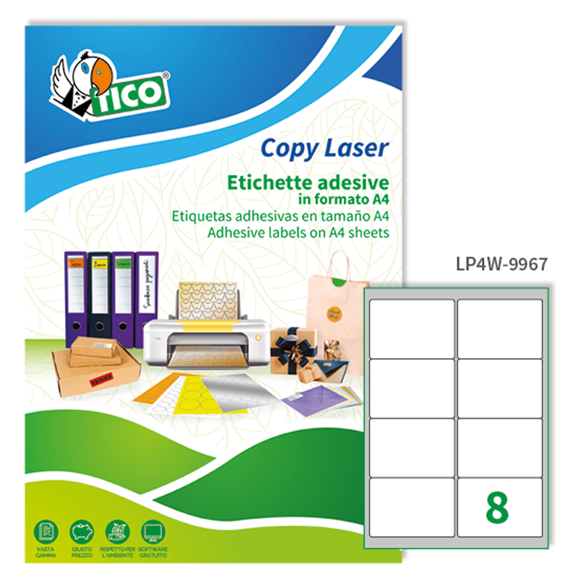 Tico Copy Laser Premium - Opaca - adesivo permanente - rivestito in silicone - bianco - 99.1 x 67.7 mm - 144 g/m² - 800 etichette (100 foglio(i) x 8) etichette in carta