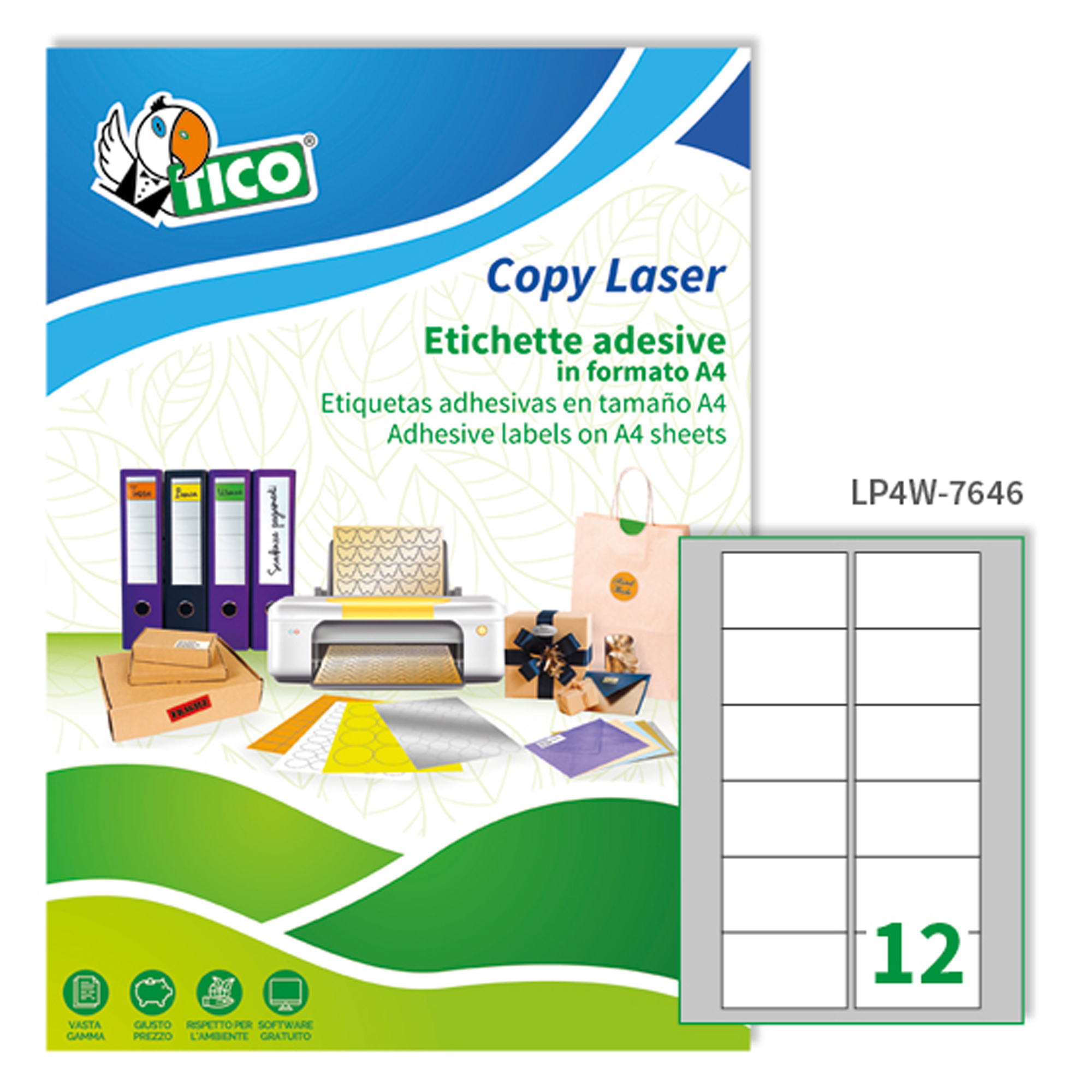Tico Copy Laser Premium - Adesivo permanente - bianco - 76.2 x 46.4 mm - 144 g/m² - 1200 etichette (100 foglio(i) x 12) etichette