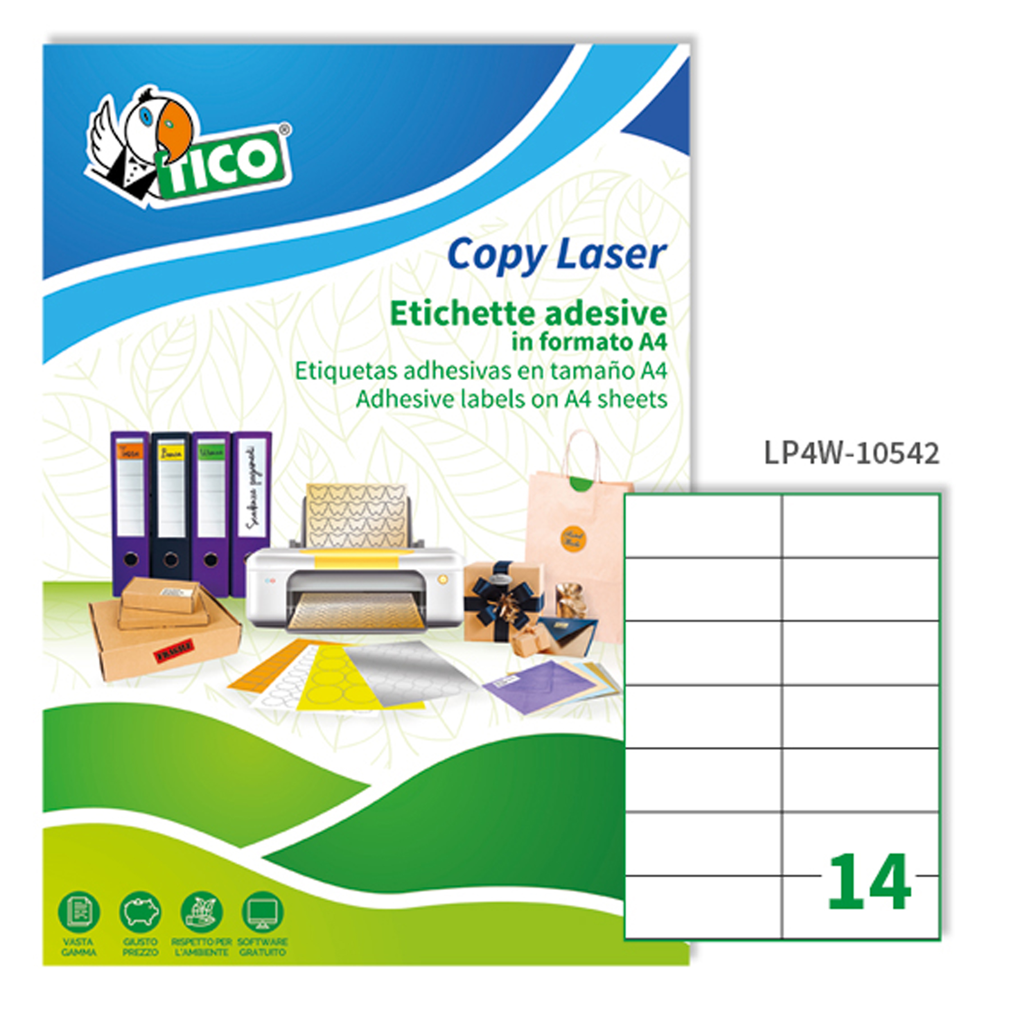 Tico Copy Laser Premium - Carta - Opaca - adesivo permanente - rivestito in silicone - bianco - 105 x 42.3 mm - 153 g/m² - 1400 etichette (100 foglio(i) x 14) etichette