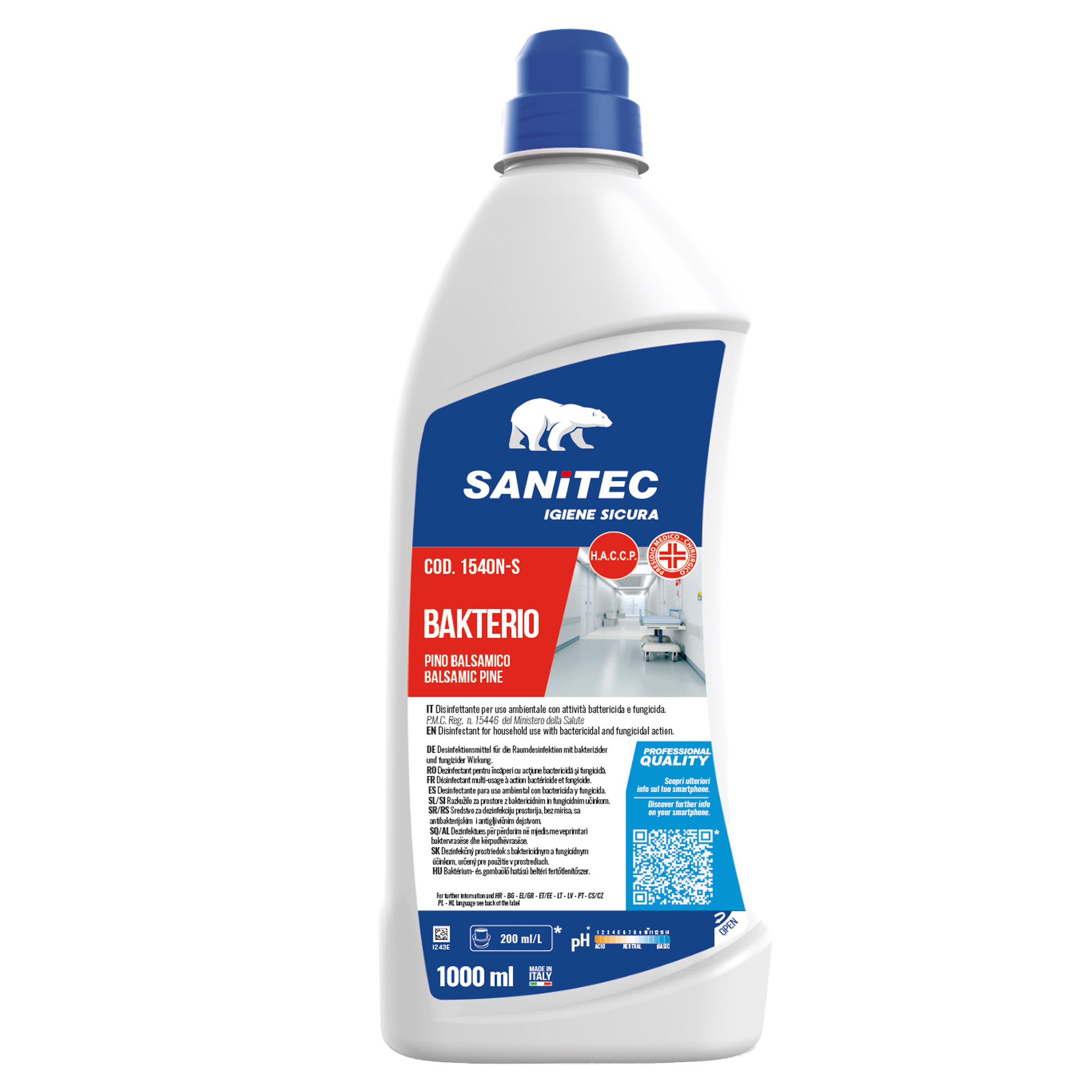 Sanitec BAKTERIO - Disinfettante - liquido - flacone - 1 L - pino balsamico - professionale - blu (pacchetto di 6)
