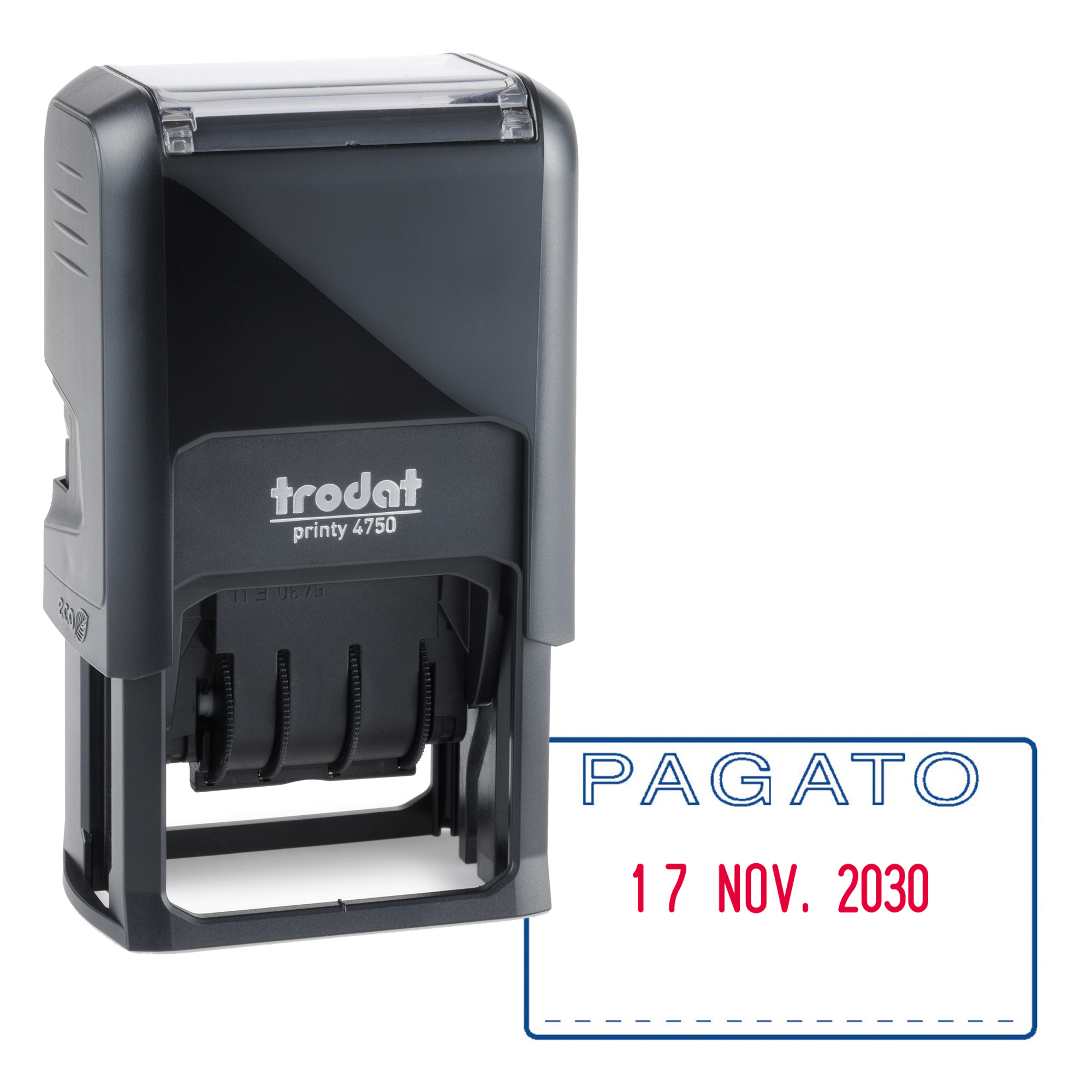 Trodat Printy 4750 - Timbro - autoinchiostrante - 2 colori (blu, rosso) - testo predefinito, data - 4 mm - PAID - 24 x 41 mm