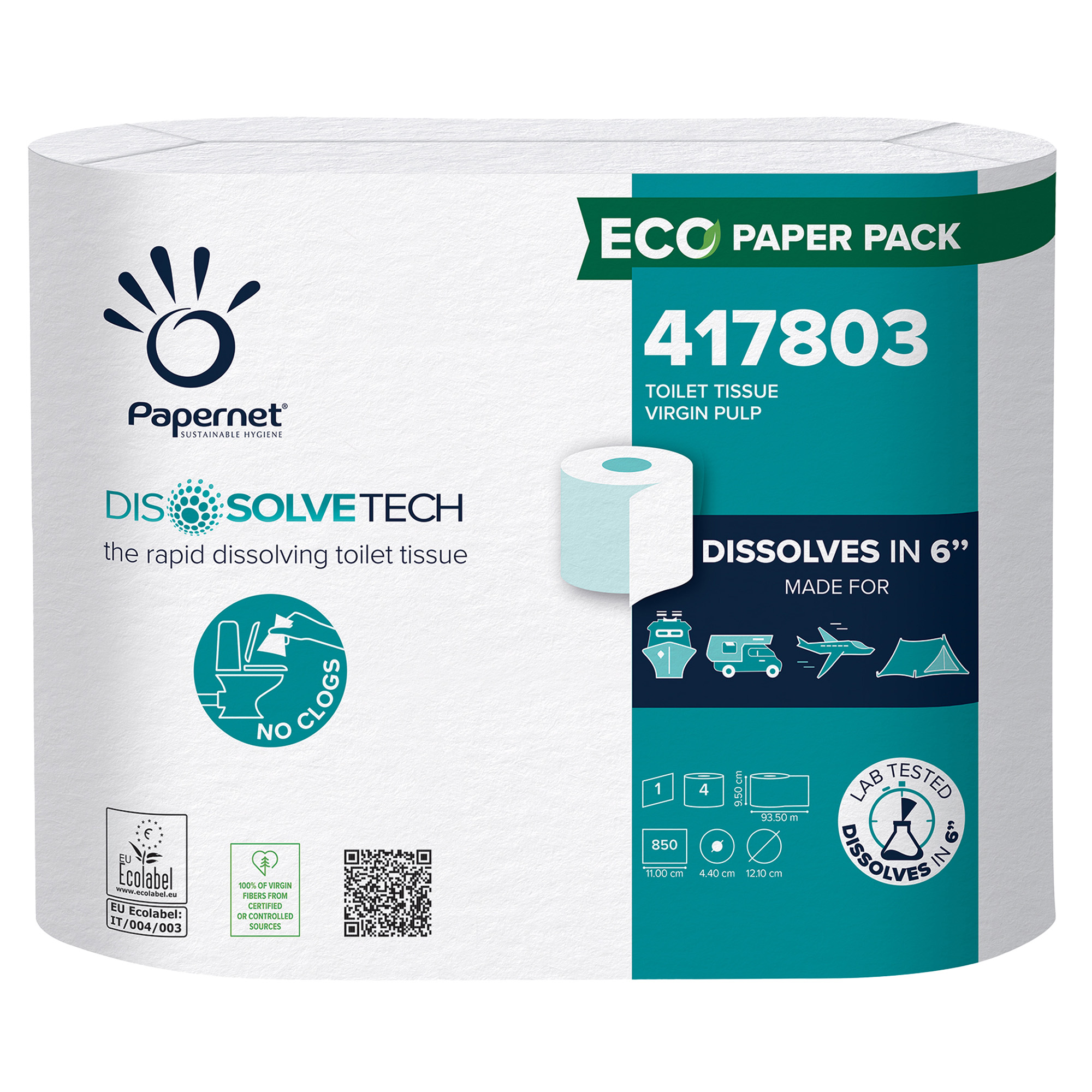 Papernet Dissolve Tech - Carta igienica - pura cellulosa - 850 fogli - rotolo - 94 m - bianco (pacchetto di 4)