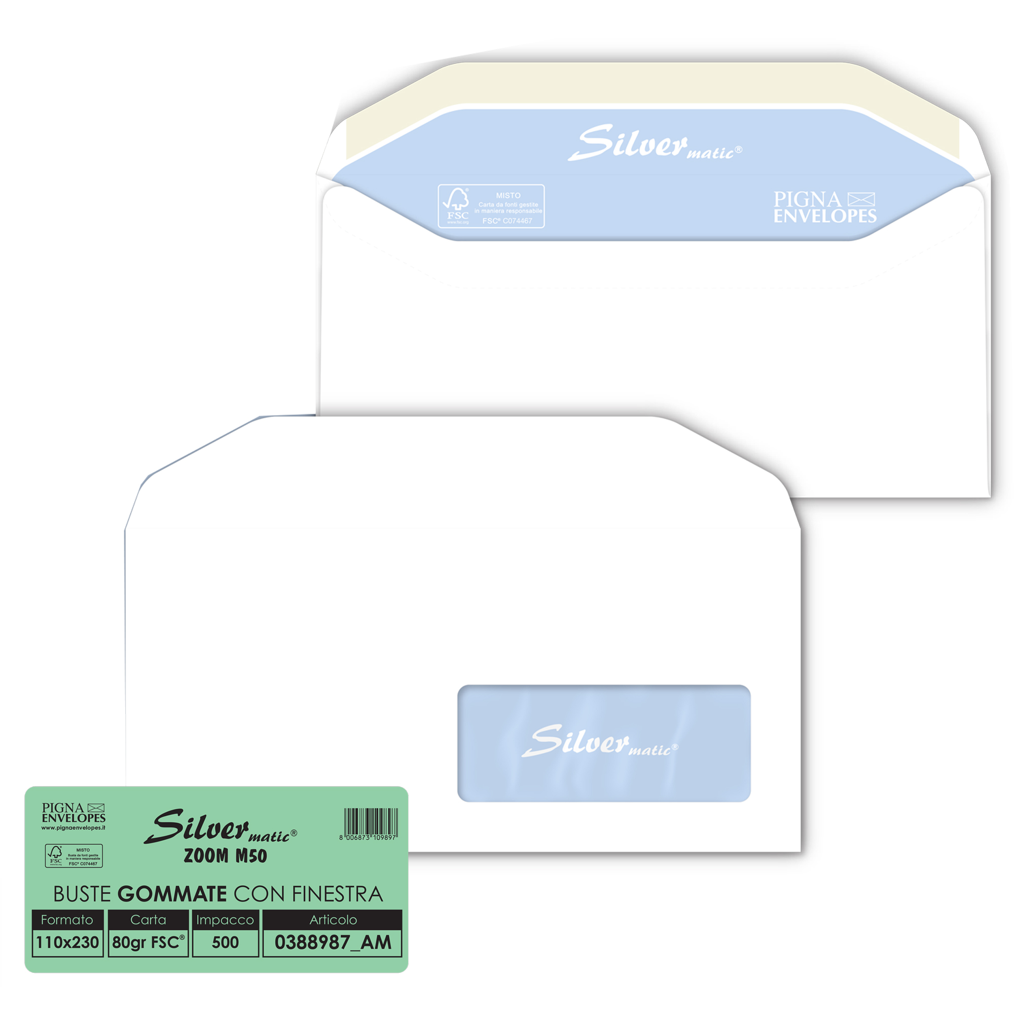 Pigna SPEEDMATIC - Busta - 110 x 230 mm - a portafoglio - apertura laterale - 1 finestra - pacco da 500