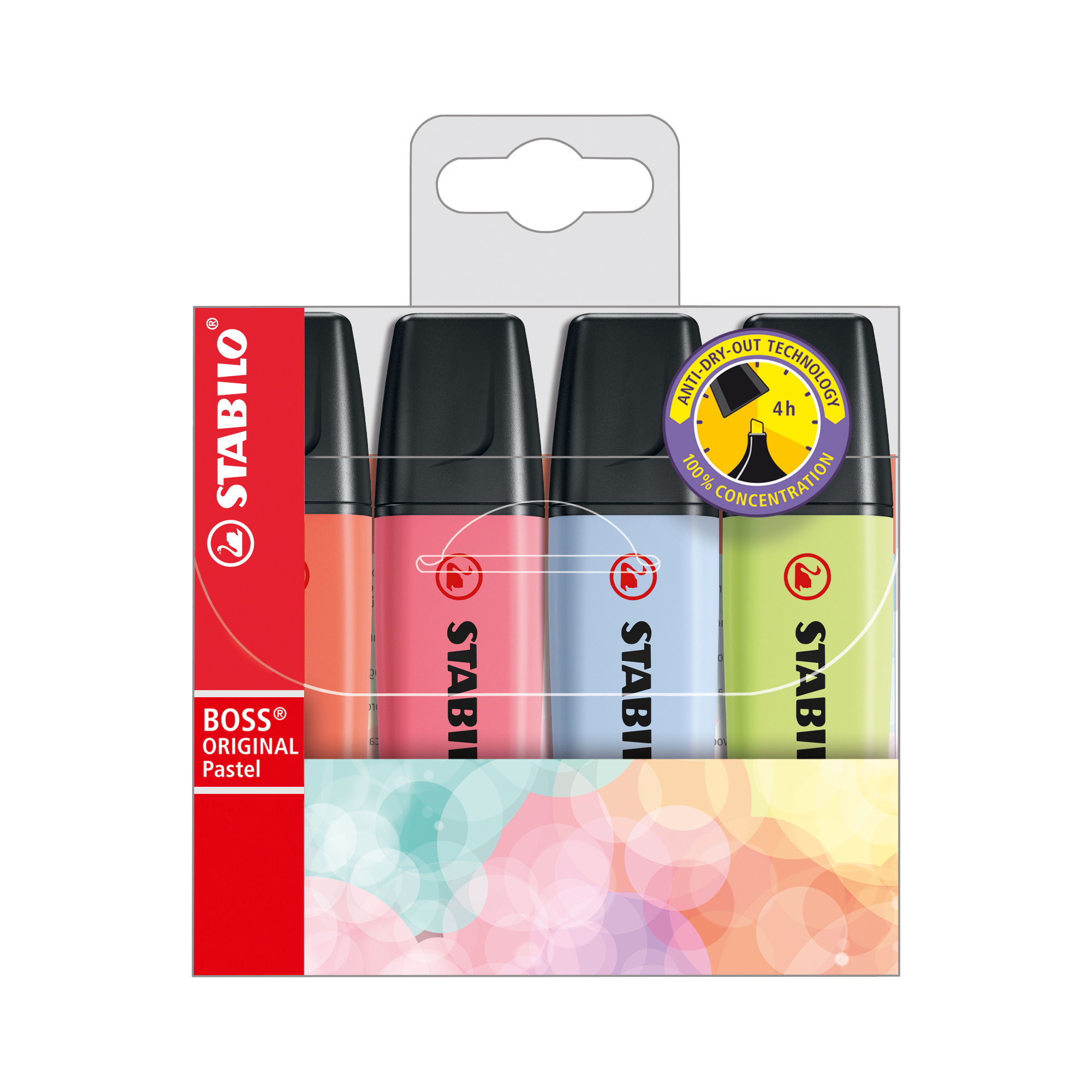 STABILO BOSS ORIGINAL Pastel - Evidenziatore - verde pastello, rosa pastello, viola pastello, turchese pastello - inchiostro base acqua - 2-5 mm (pacchetto di 4)