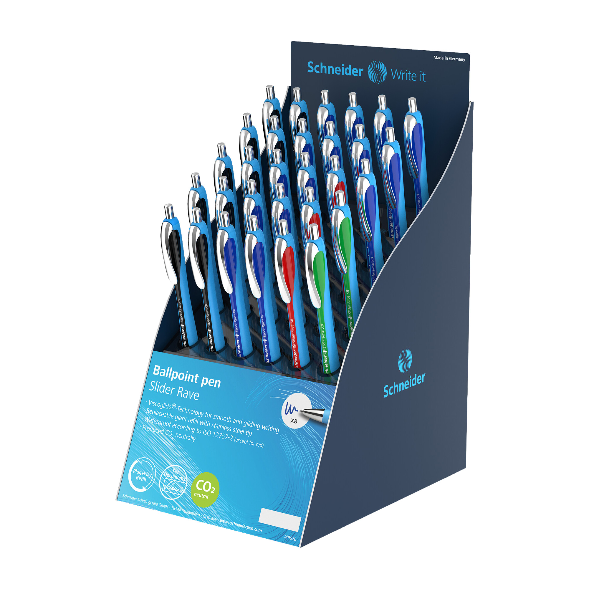 Penna sfera Slider Rave - colori assortiti (blu/nero/rosso/verde) - Schneider - expo 30 pezzi