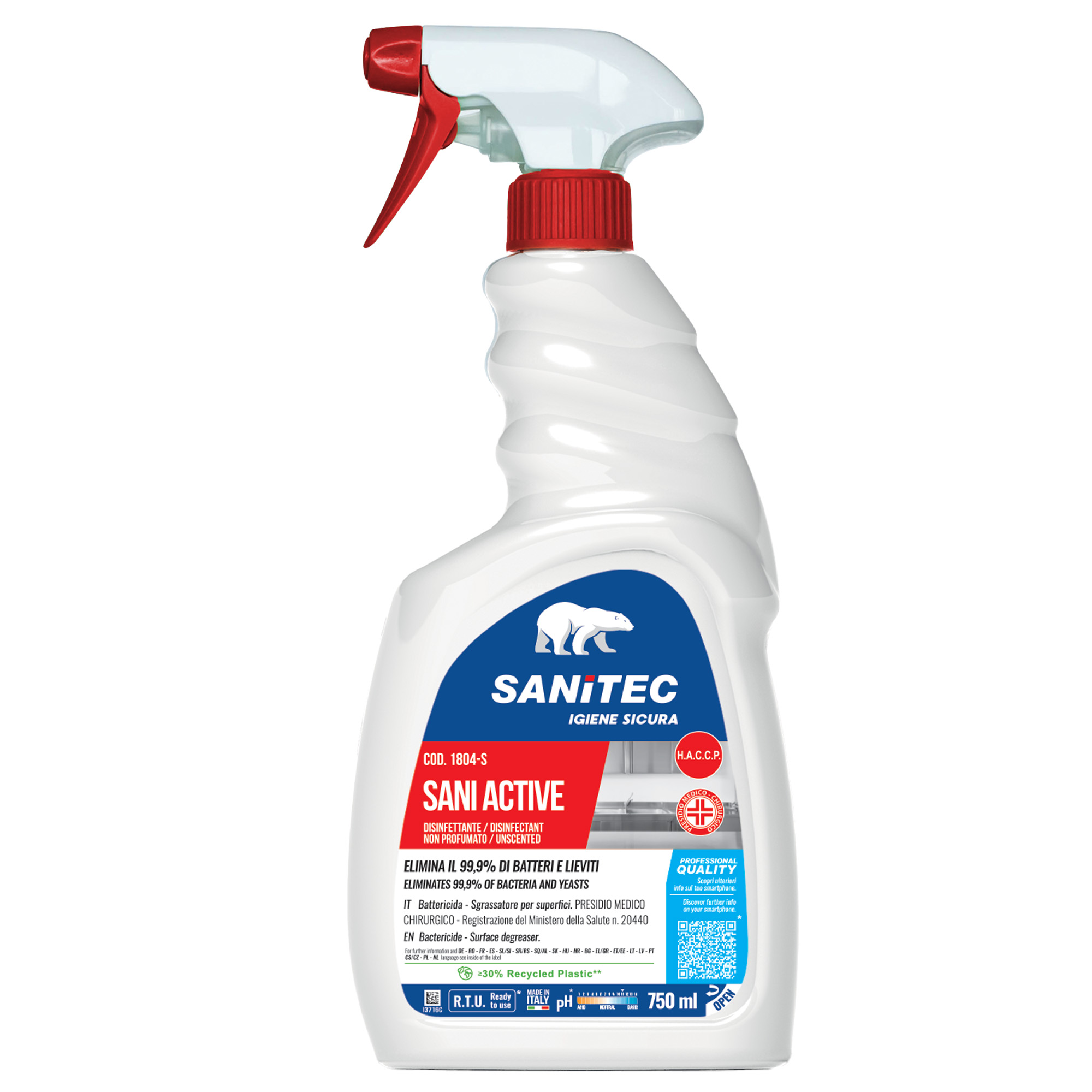 Sanitec SANI ACTIVE - Sgrassante / disinfettante - liquido - spray in flacone - 750 ml - inodore - professionale - bianco (pacchetto di 6)