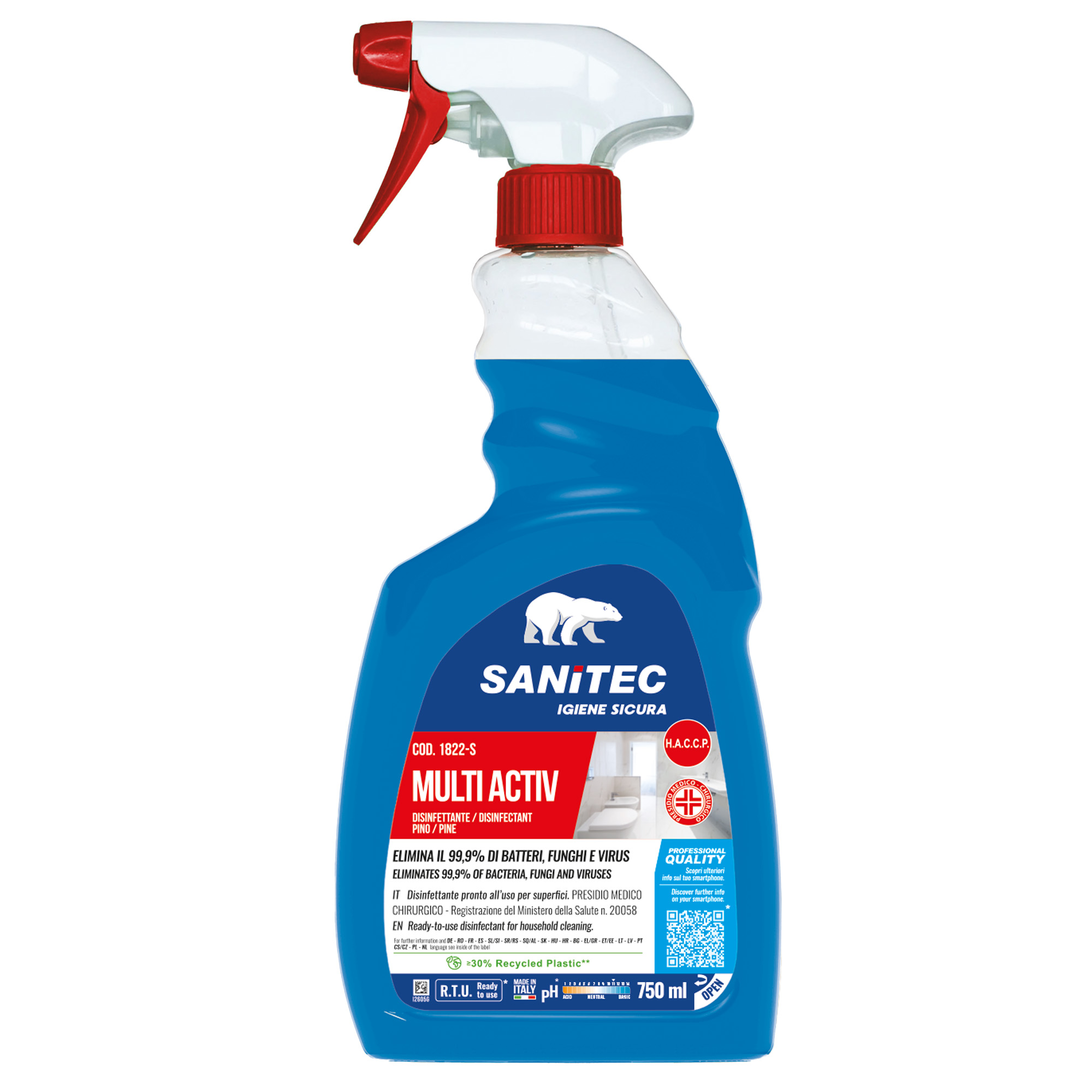 Sanitec MULTI ACTIV BATHROOM - Sgrassante / disinfettante - liquido - spray in flacone - 750 ml - alcol - professionale - blu trasparente (pacchetto di 6)