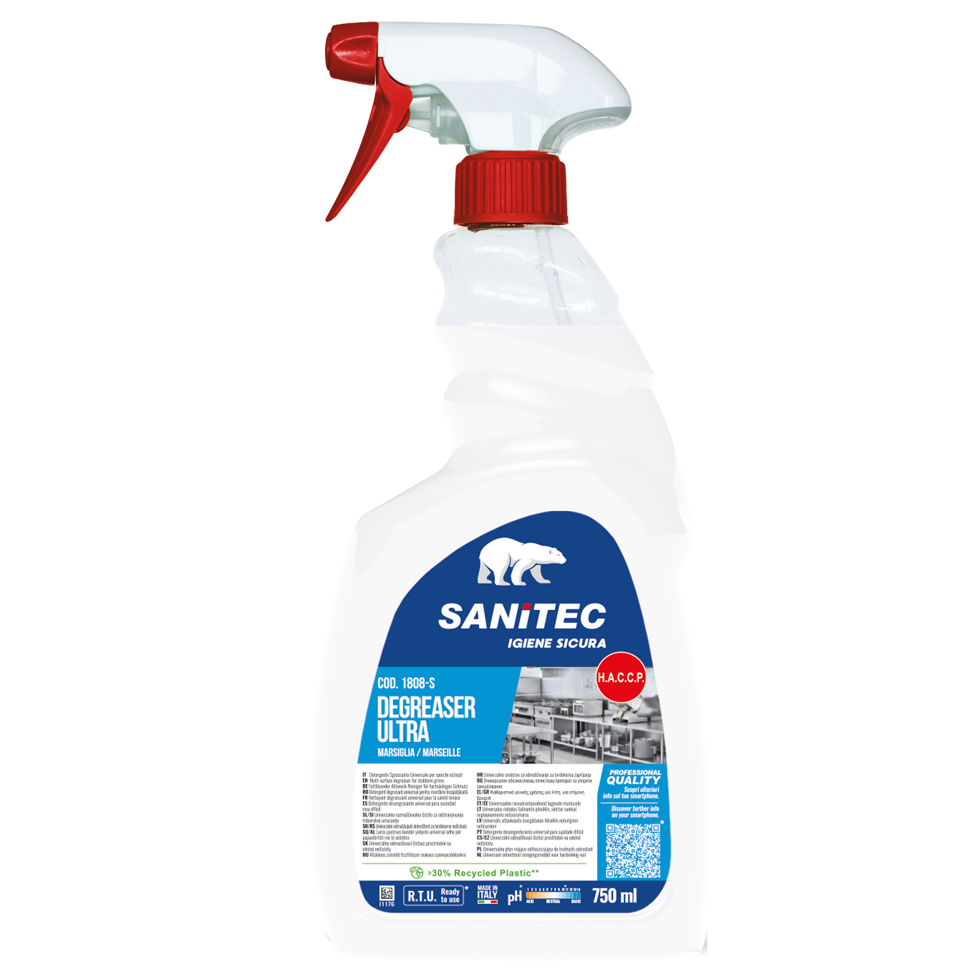 Sanitec ULTRA - Sgrassante - liquido - spray in flacone - 750 ml - Marsiglia - professionale - bianco (pacchetto di 6)
