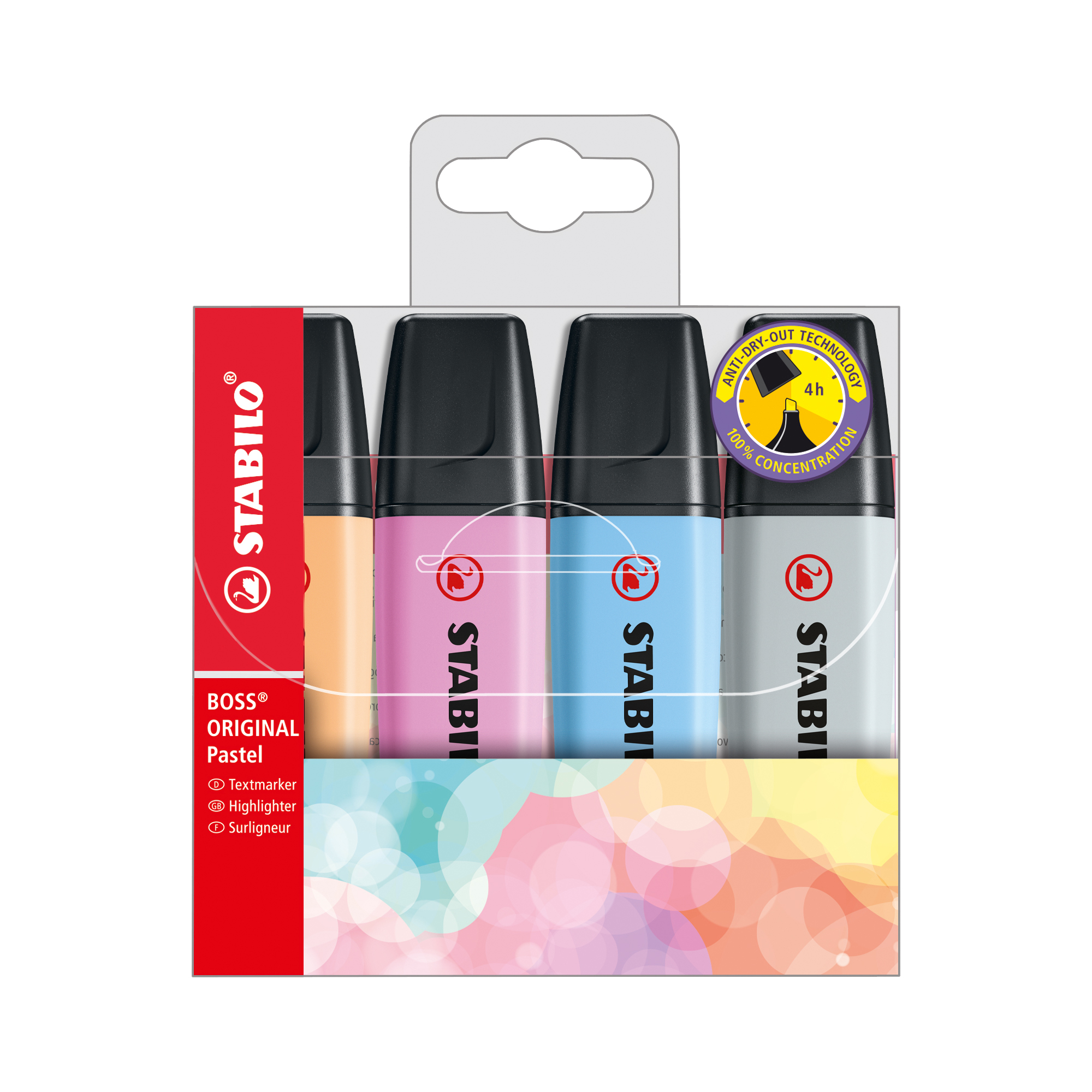 STABILO BOSS ORIGINAL - Evidenziatore - blu chiaro pastello, arancione pallido pastello, fucsia ghiaccio pastello, grigio polvere pastello - inchiostro base acqua - 2-5 mm (pacchetto di 4)