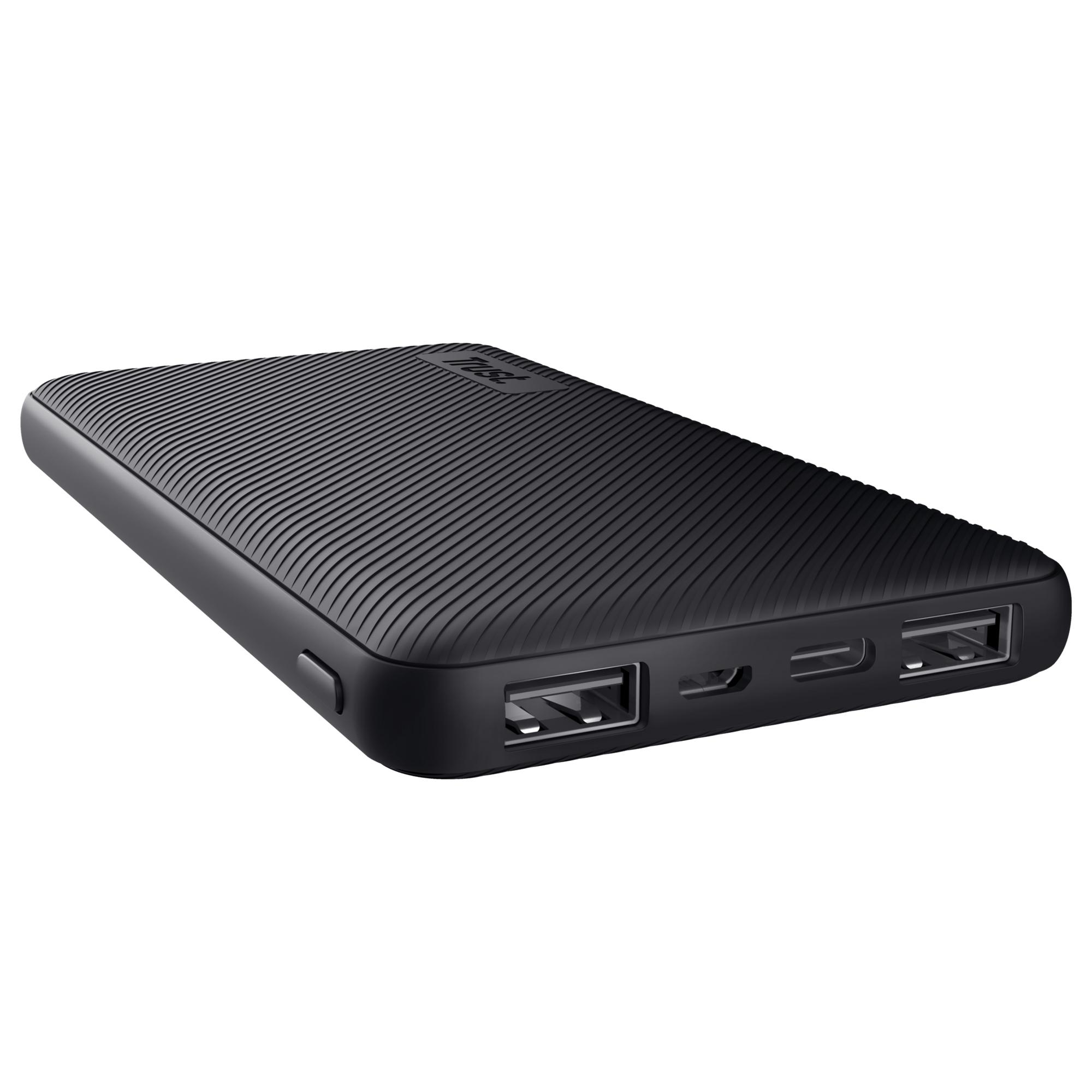 Trust Primo Ultra-thin - Powerbank - 10000 mAh - 37 Wh - 15 Watt - 3 A - Fast Charge - 3 connettori di uscita (2 x USB, 24 pin USB-C) - sul cavo: Micro-USB - nero