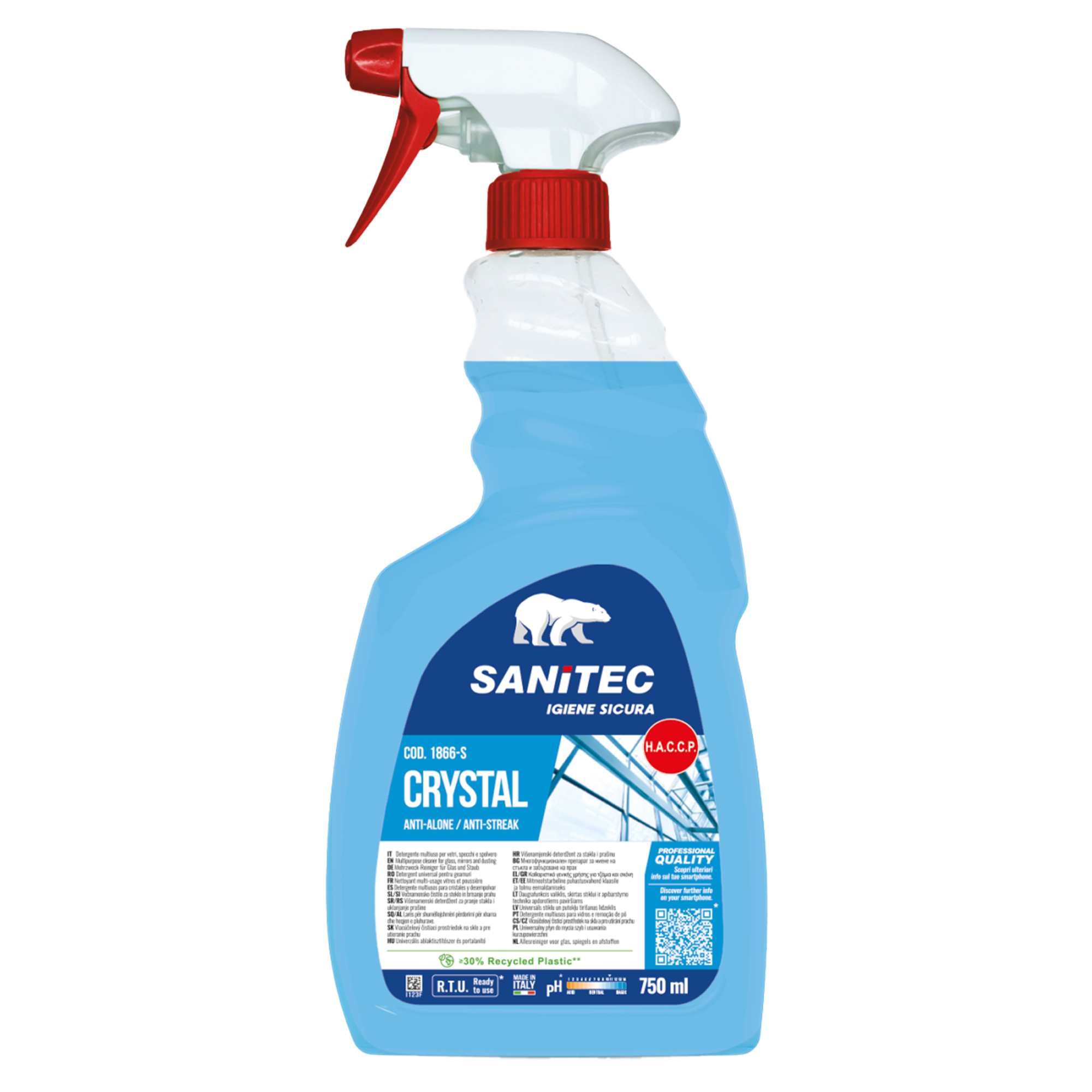 Sanitec GLASS - Detergente - liquido - spray in flacone - 750 ml - professionale - blu trasparente (pacchetto di 6)