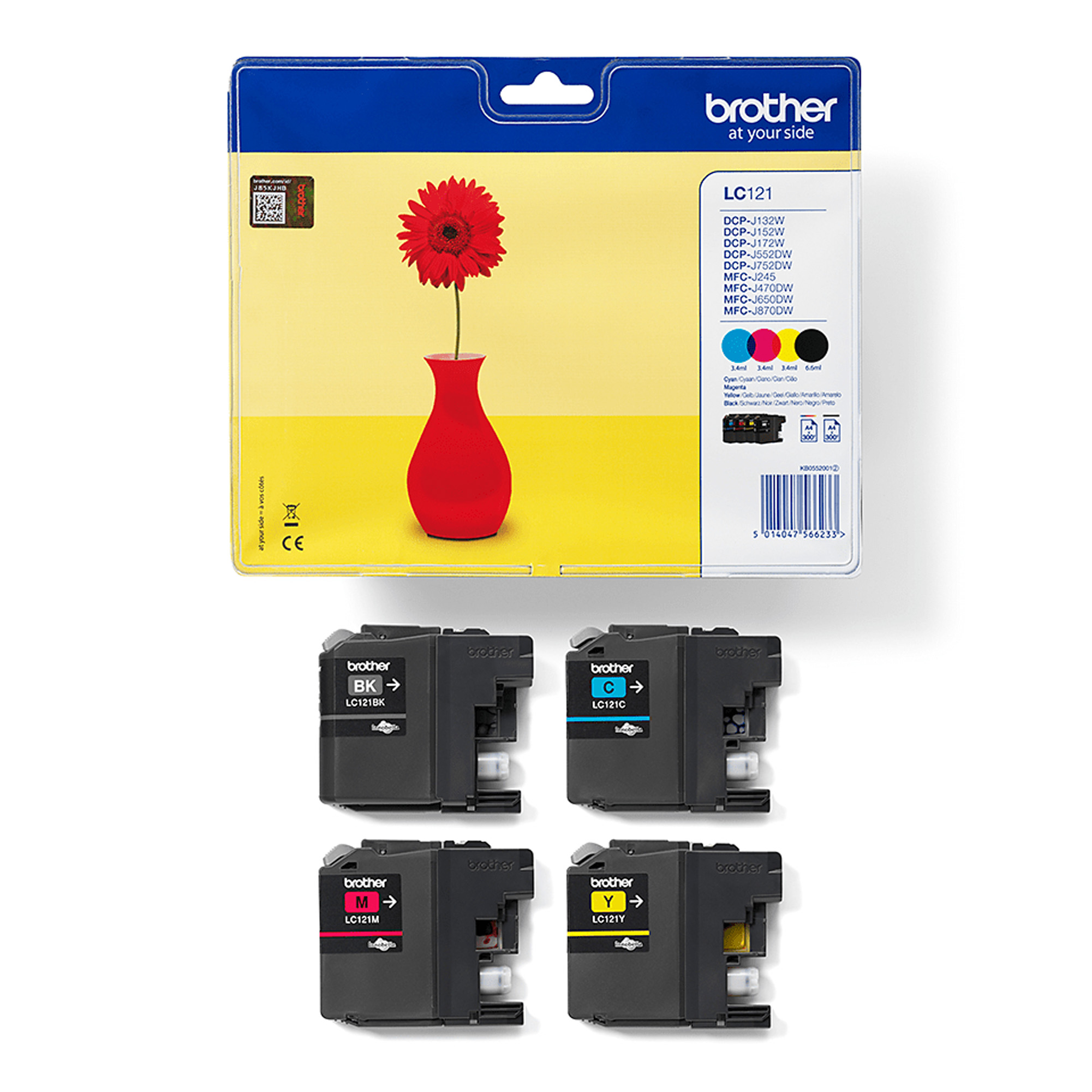 Brother LC121 Confezione originale da 4 cartucce inkjet - Nero, giallo, ciano, magenta - originale - blister - cartuccia d'inchiostro - per Brother DCP-J132, DCP-J152, DCP-J552, DCP-J752, MFC-J245, MFC-J470, MFC-J650, MFC-J870